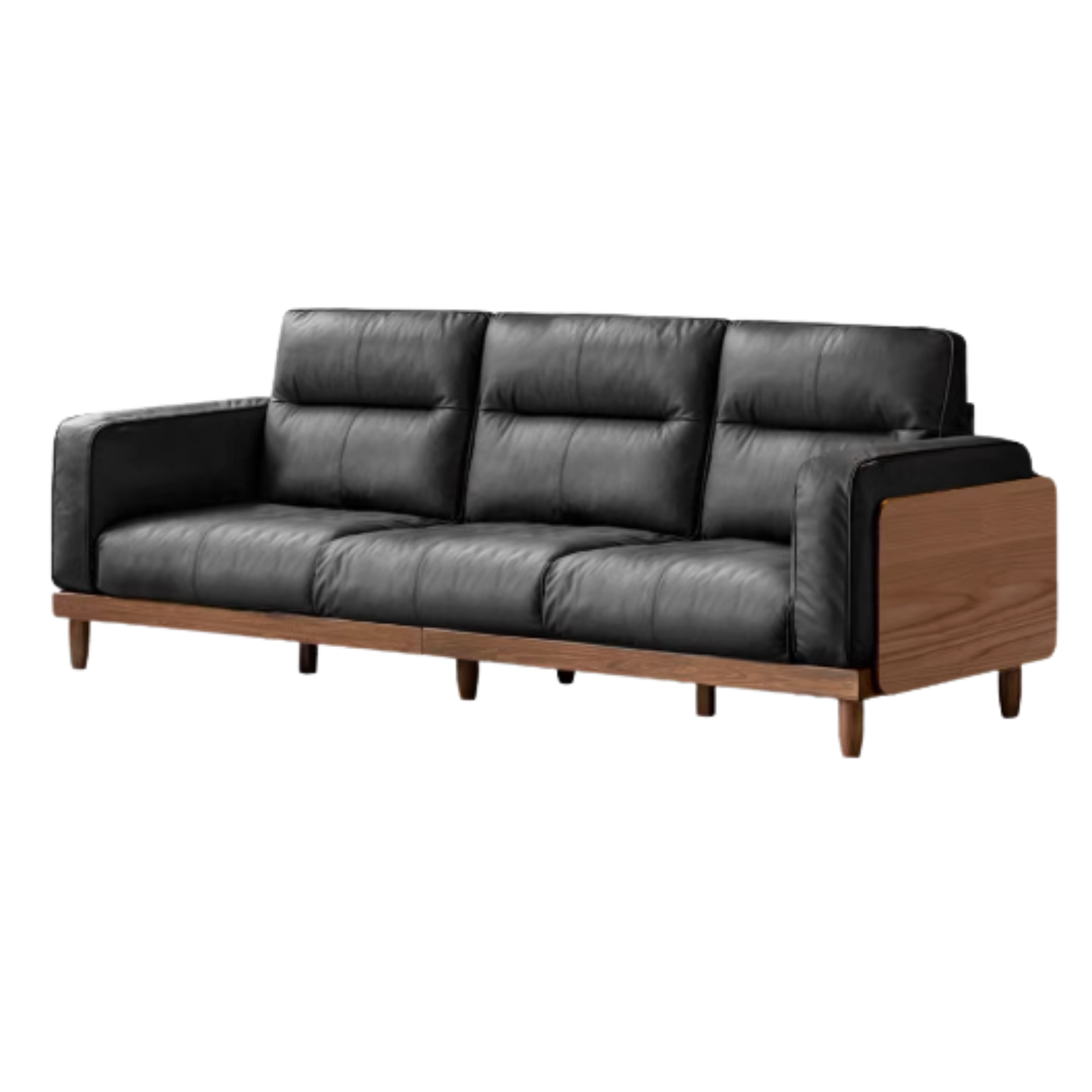 Premium Black Walnut & Ash Solid Wood Leather Sofa with Genuine Yellow Cowhide Upholstery - Luxury Living Room Furniture for Modern Home Decor