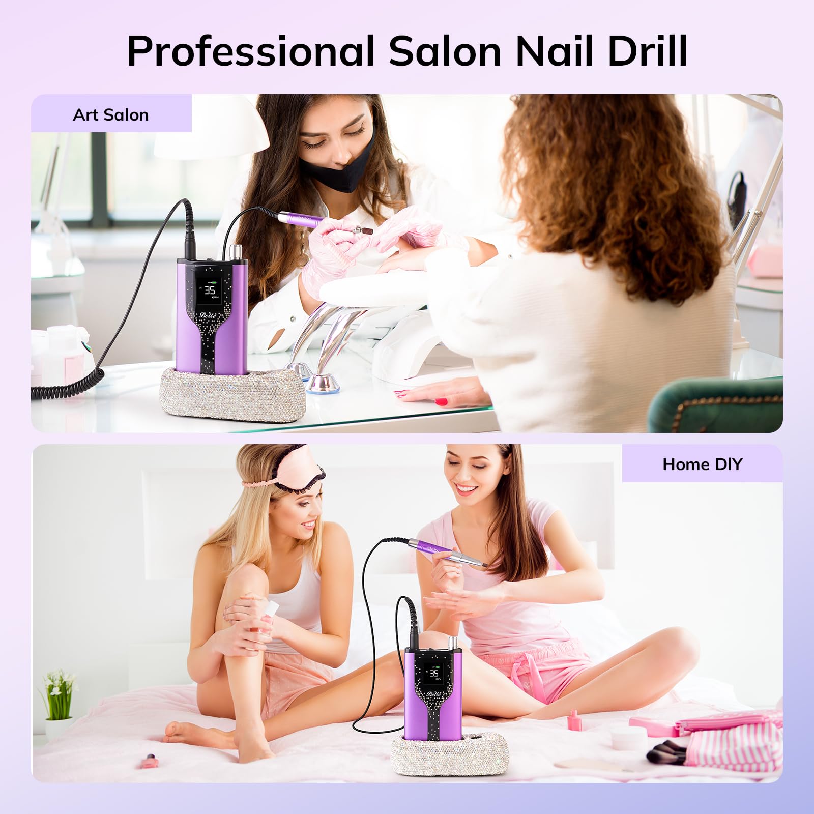 Belle Professional Nail Drill Machine - 35000RPM Brushless Motor, Cordless Rechargeable Nail File for Acrylic & Gel Nails with Diamond Charging Base & Carrying Case (Bling Purple) | Perfect for Salon, Home Manicures & Nail Art DIY