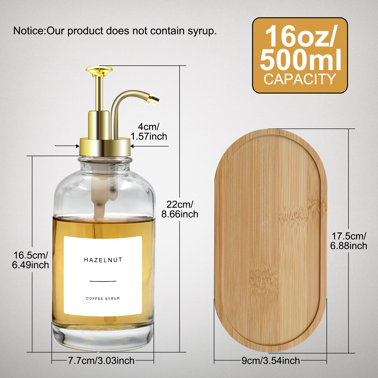 2-Pack 16.9 oz (500ml) Glass Coffee Syrup Dispenser Bottles with Gold Pump - Includes 36 Labels & Bamboo Tray - Perfect for Coffee Shops, Home Bars & DIY Beverage Stations