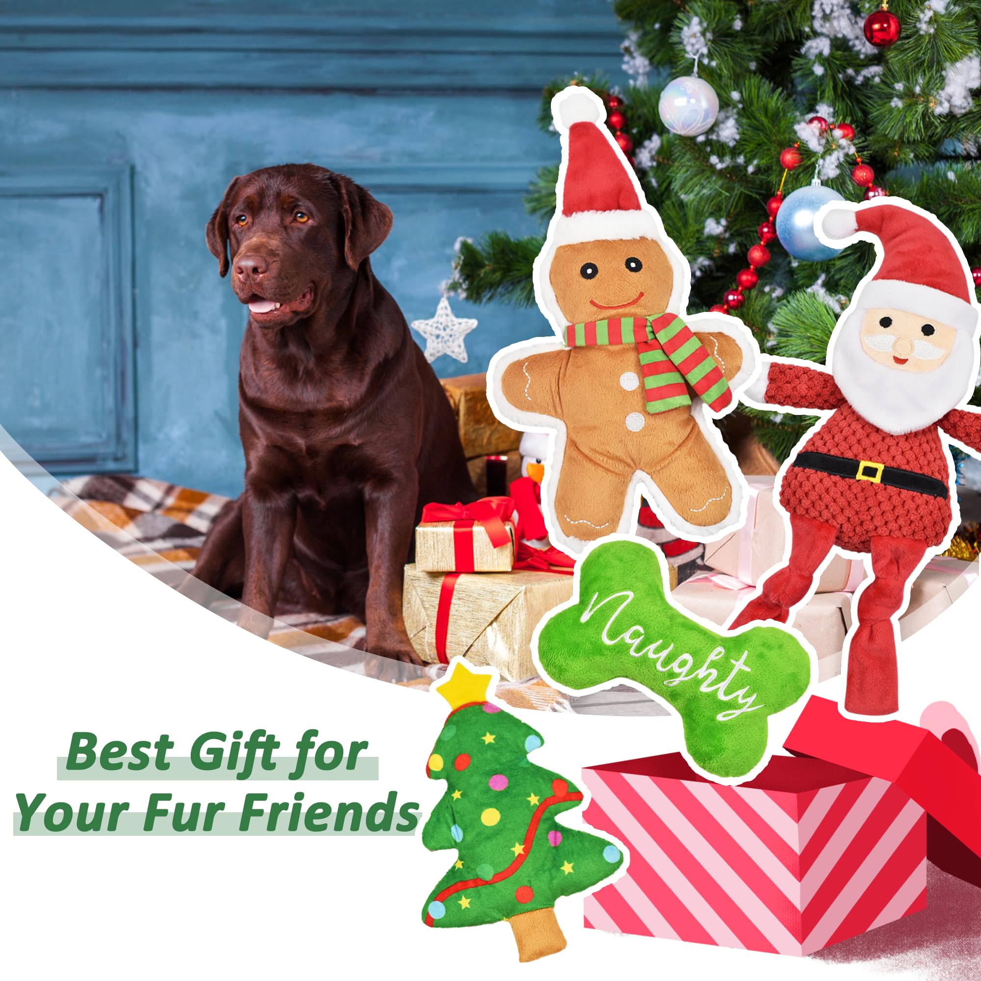 **Christmas Dog Toys 4-Pack - Squeaky Stuffed Chew Toys for Teething Puppies & Large Dogs - Durable Xmas Gift Bundle (Santa & Holiday Designs) - Perfect for Playtime, Training & Holiday Gifting**