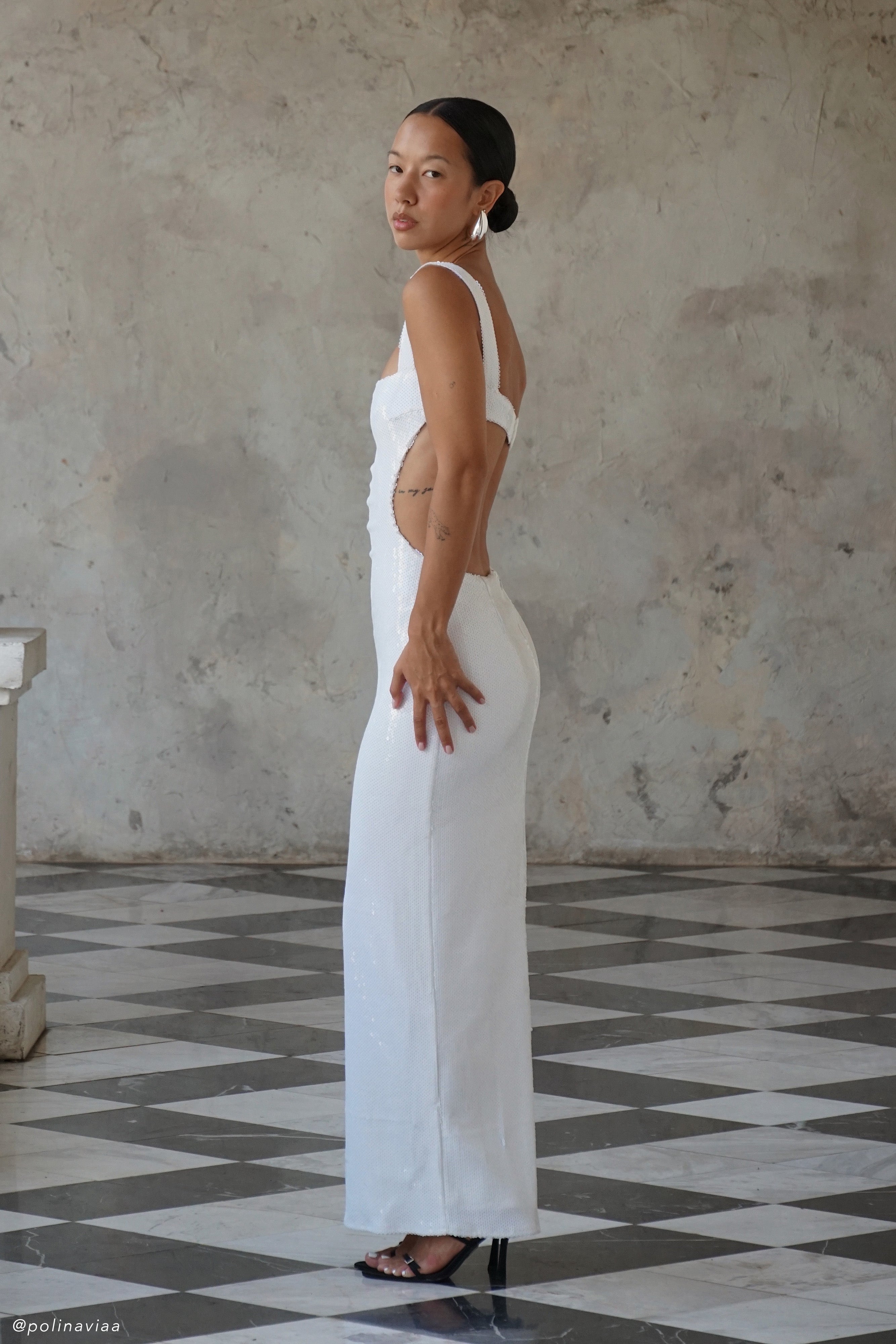 Adoria Sequin Cut Out Maxi Dress for Women - Elegant White Evening Gown for Parties, Prom, and Special Occasions