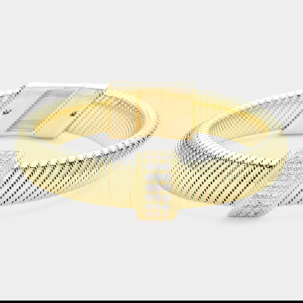 CZ Stone Paved Pointed Gold Coil Bangle Bracelet for Women | Elegant Cubic Zirconia Jewelry | Perfect for Parties, Weddings & Special Occasions