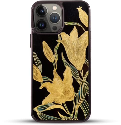 Premium Handcrafted Lacquer iPhone 13 Pro Max Case with 24K Gold Fleur-de-lis Design + Tempered Glass Screen Protector & Aluminum Lens Cover - Classic Black | Luxury Protection for Business & Special Occasions
