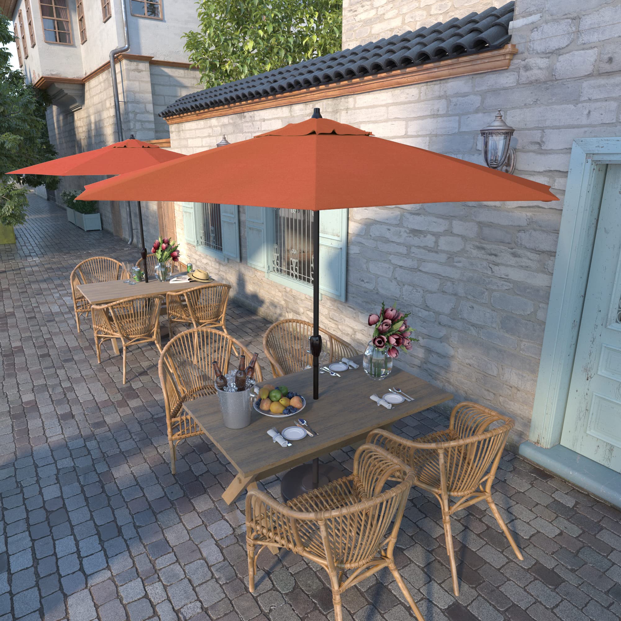 9' California Umbrella with Sunbrella Fabric - Bronze Aluminum Patio Umbrella with Crank Lift & Auto Tilt in Melon Color | Perfect for Poolside, Backyard, and Outdoor Dining Areas