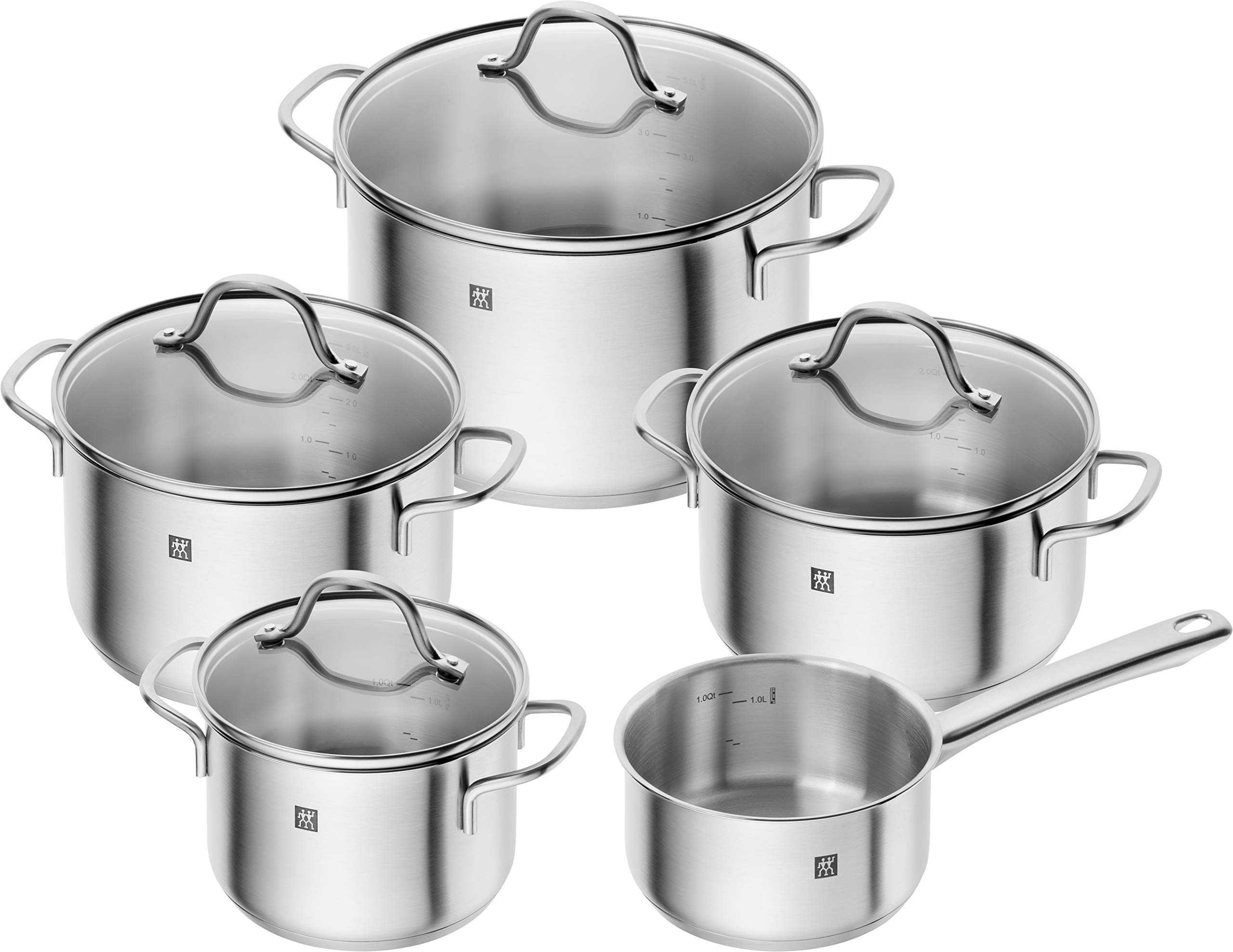 ZWILLING 5-Piece Flow Cookware Set with 4 Lids, Induction Compatible, Stainless Steel Pots and Pans for Professional Cooking & Home Kitchen Use