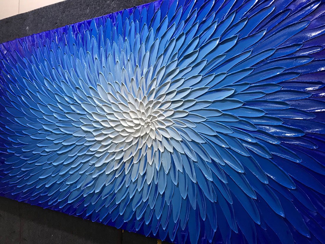 24x48 Inch Hand Painted Modern Blue White Flower Oil Painting - Wood Framed Abstract Wall Art Decor - Textured Acrylic Canvas for Living Room, Bedroom & Office