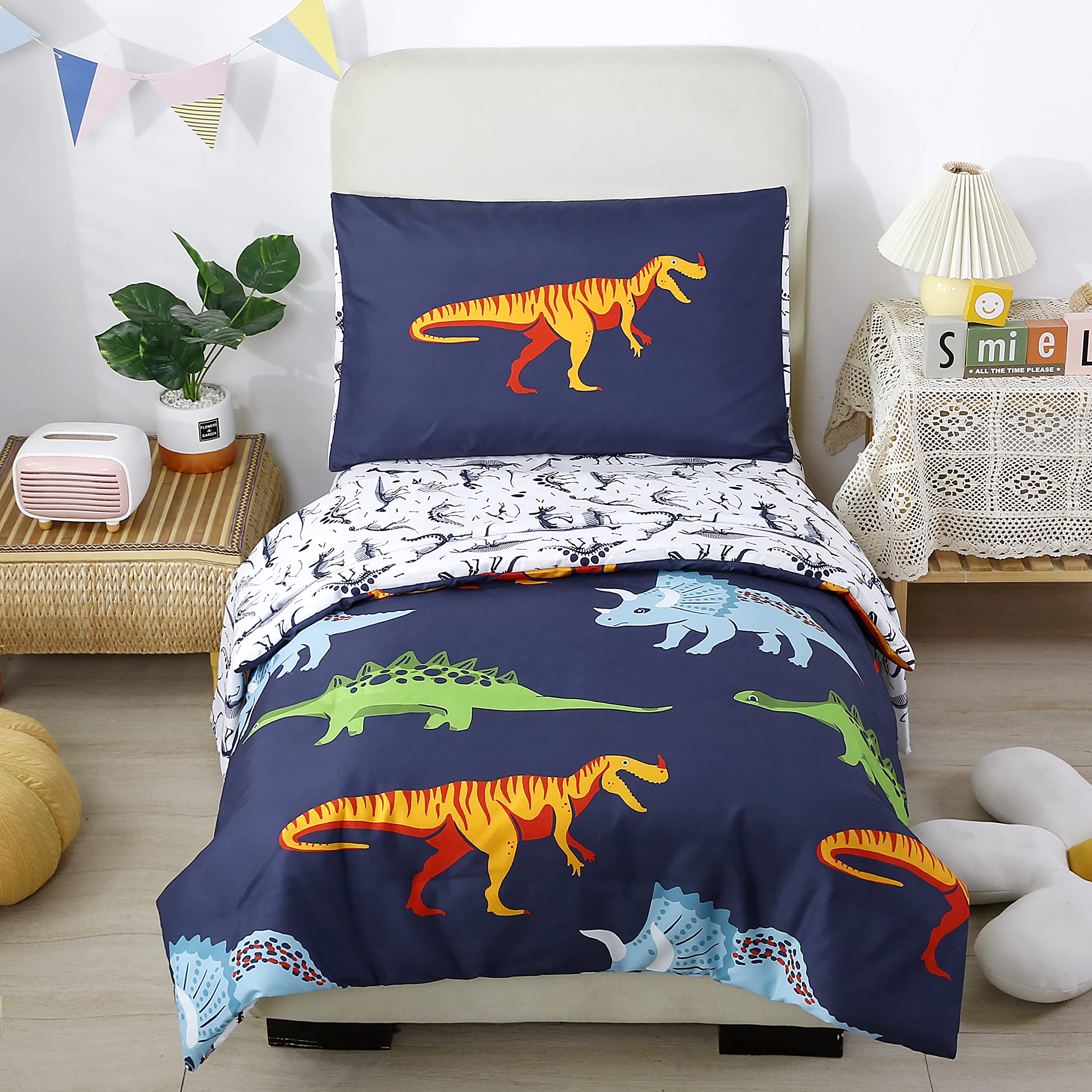 STYHO Cartoon Dinosaur Print Duvet Cover Set - Dark Blue Reversible Animal Pattern Quilt Bedding for Boys & Kids - Single Size Bedroom Decor - Perfect for Kids' Rooms, Nursery, and Themed Bedrooms