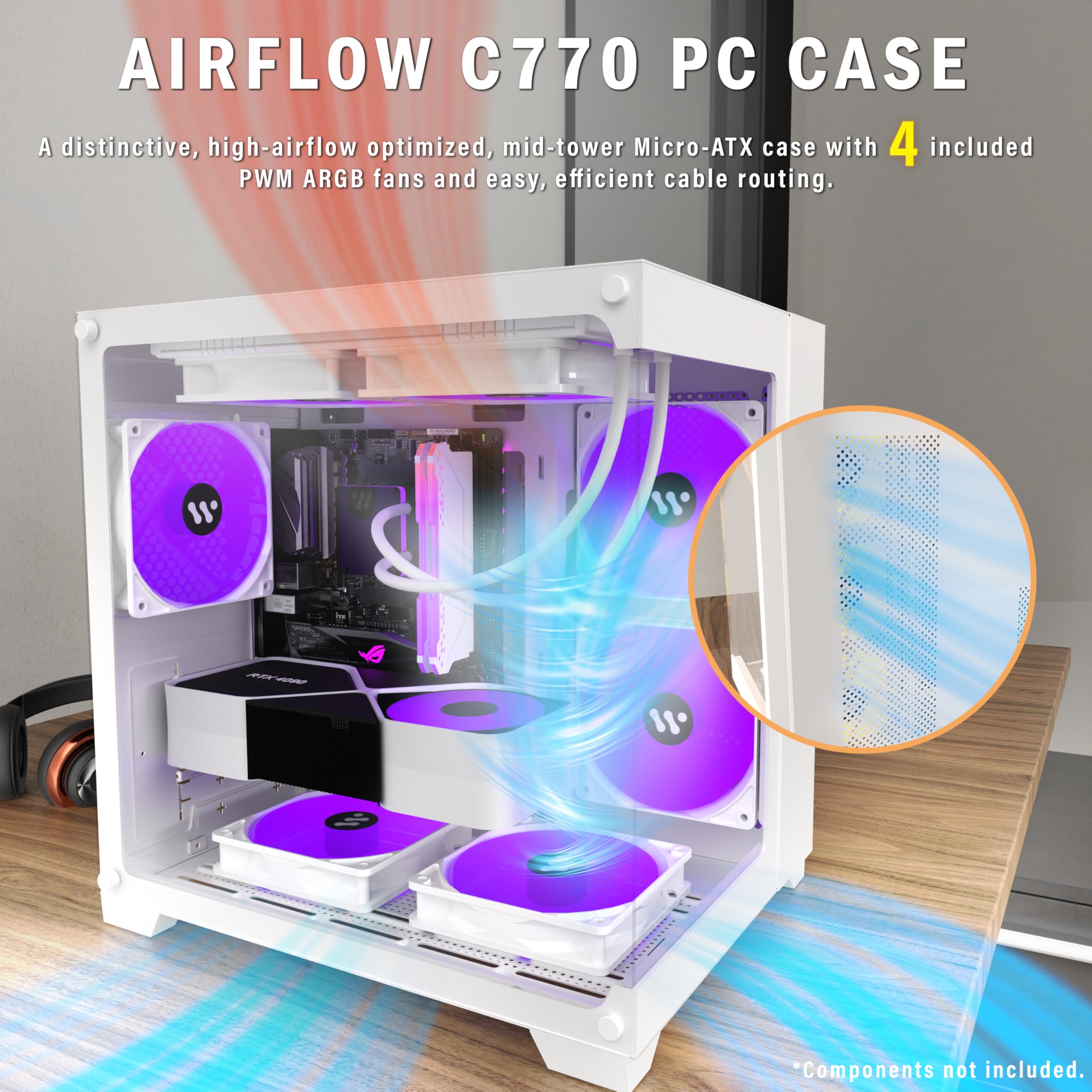 KEDIERS Micro ATX Tower PC Case - White Mini Gaming Computer Case with 4 PWM ARGB Fans & 2 Tempered Glass Panels | Perfect for Compact Gaming Setups & Home Office Workstations