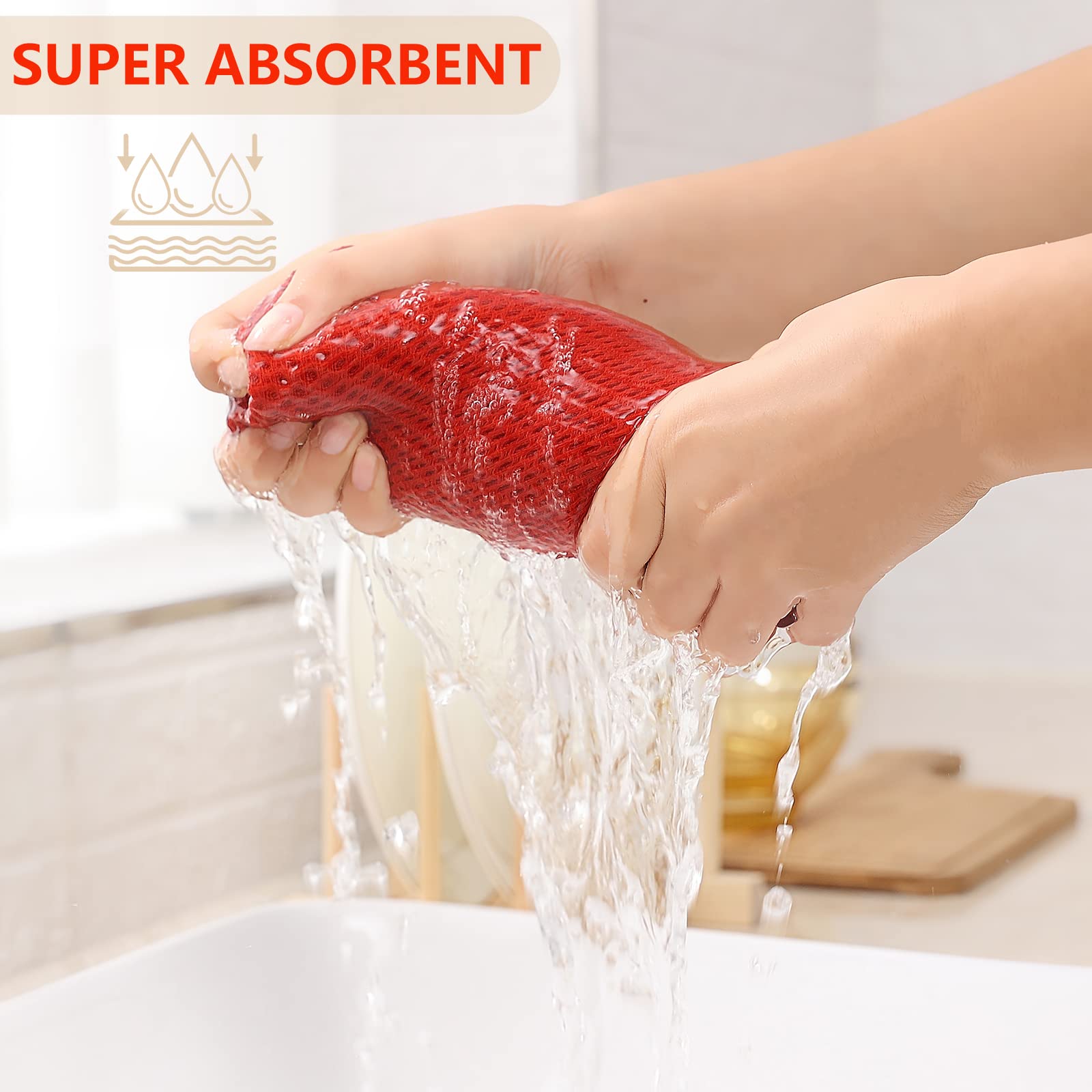 Kitinjoy 100% Cotton Waffle Weave Kitchen Towels - 4 Pack Super Soft & Absorbent Dish Cloths for Drying Dishes, Hands & Countertops (13x28 Inches, Brick Red) - Perfect for Everyday Kitchen Use, Cleaning & Decor
