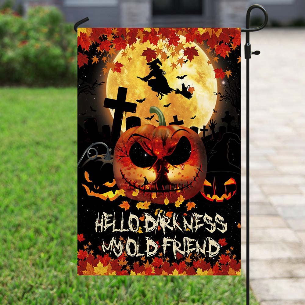 American Flag Halloween Decor - Witch Pumpkin 'Hello Darkness My Old Friend' Outdoor Yard & Garden Flag 12x18x2.5 Inch - Perfect for Porch, Lawn, and Seasonal Home Decoration