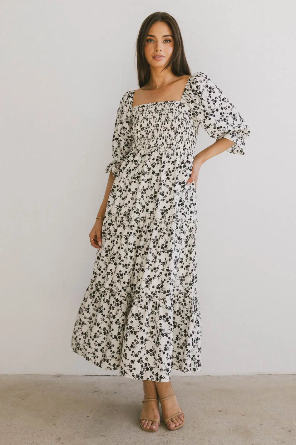 Kiran Floral Midi Dress in Cream | Elegant Floral Print Summer Dress for Women | Perfect for Weddings, Garden Parties & Brunch Dates