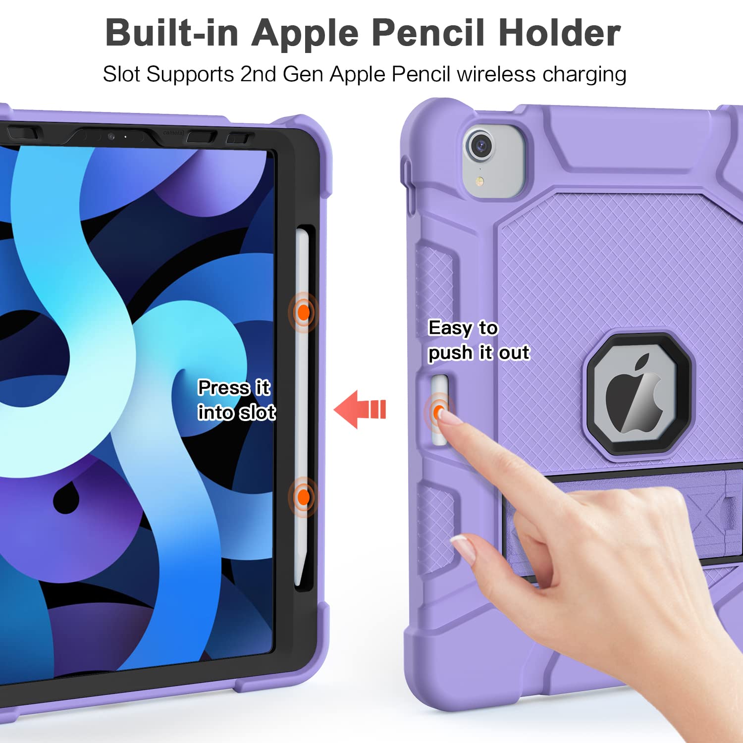 Shockproof Kids Case for iPad Air 5th/4th Generation 10.9 Inch (2022/2020) | Heavy Duty Rugged Protective Cover with Apple Pencil 2nd Gen Charging Support | Purple | Perfect for School, Travel & Outdoor Activities