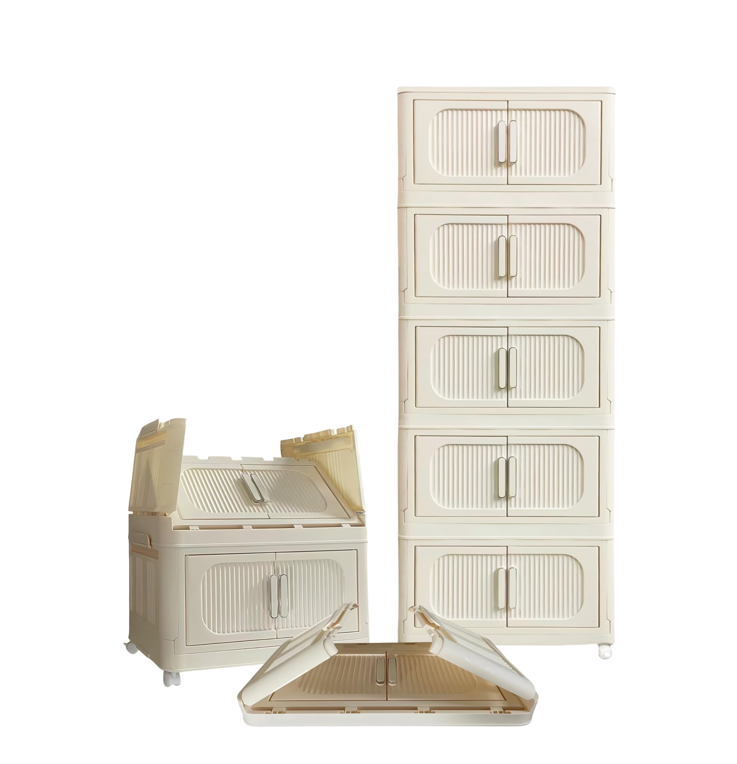 Foldable Cube Storage Bins with Lids & Wheels - 5-Tier Stackable Closet Organizer for Bedroom, Office & Kids Room - Cream White Open Front Storage Drawers for Home Organization