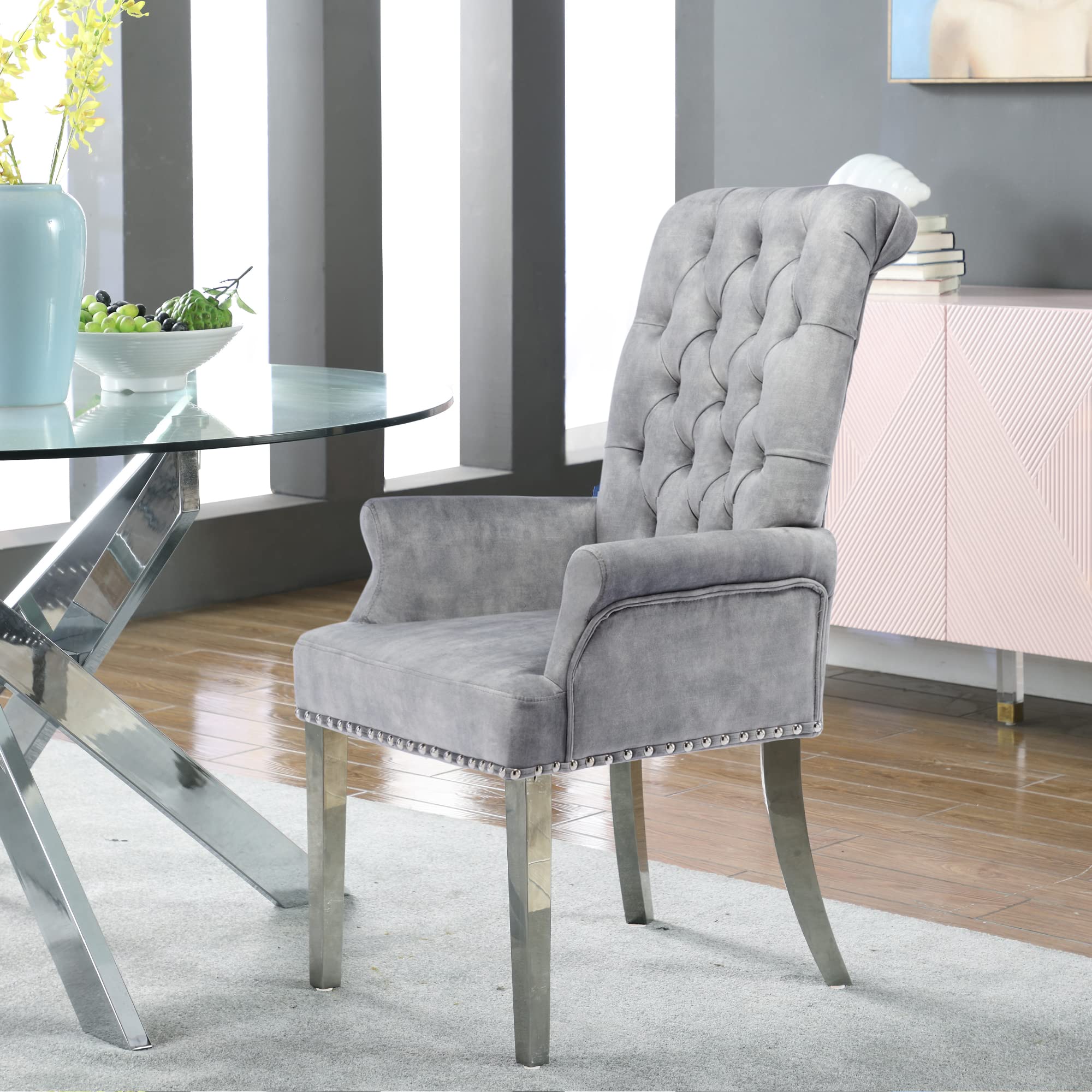 Luxury Velvet Dining Chairs Set of 2 - Modern Upholstered Tufted Armrest Chairs with Stainless Steel Legs - Elegant Grey Accent Chairs for Kitchen, Dining Room, Living Room & Bedroom - Perfect for Home Decor, Dinner Parties & Cozy Reading Nooks