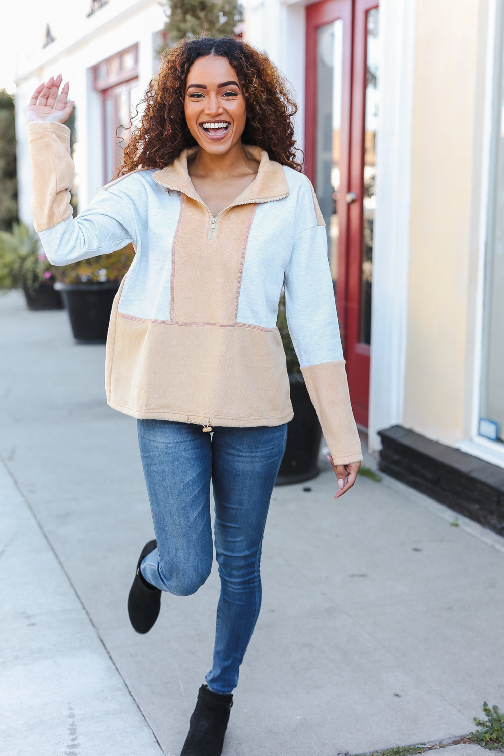 Cozy Grey & Beige Fleece Zip-Up Pullover with Cinched Hem | Holiday & Winter Wear for Women | Perfect for Casual Outfits, Lounging & Outdoor Activities