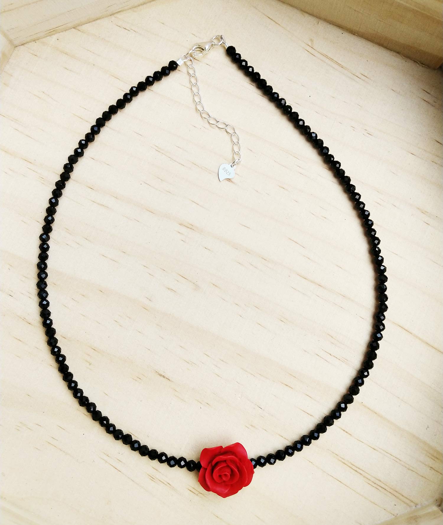 **Red Rose Choker Necklace - 925 Sterling Silver Black Spinel Beads & 15MM Flower Pendant - Adjustable 13+2