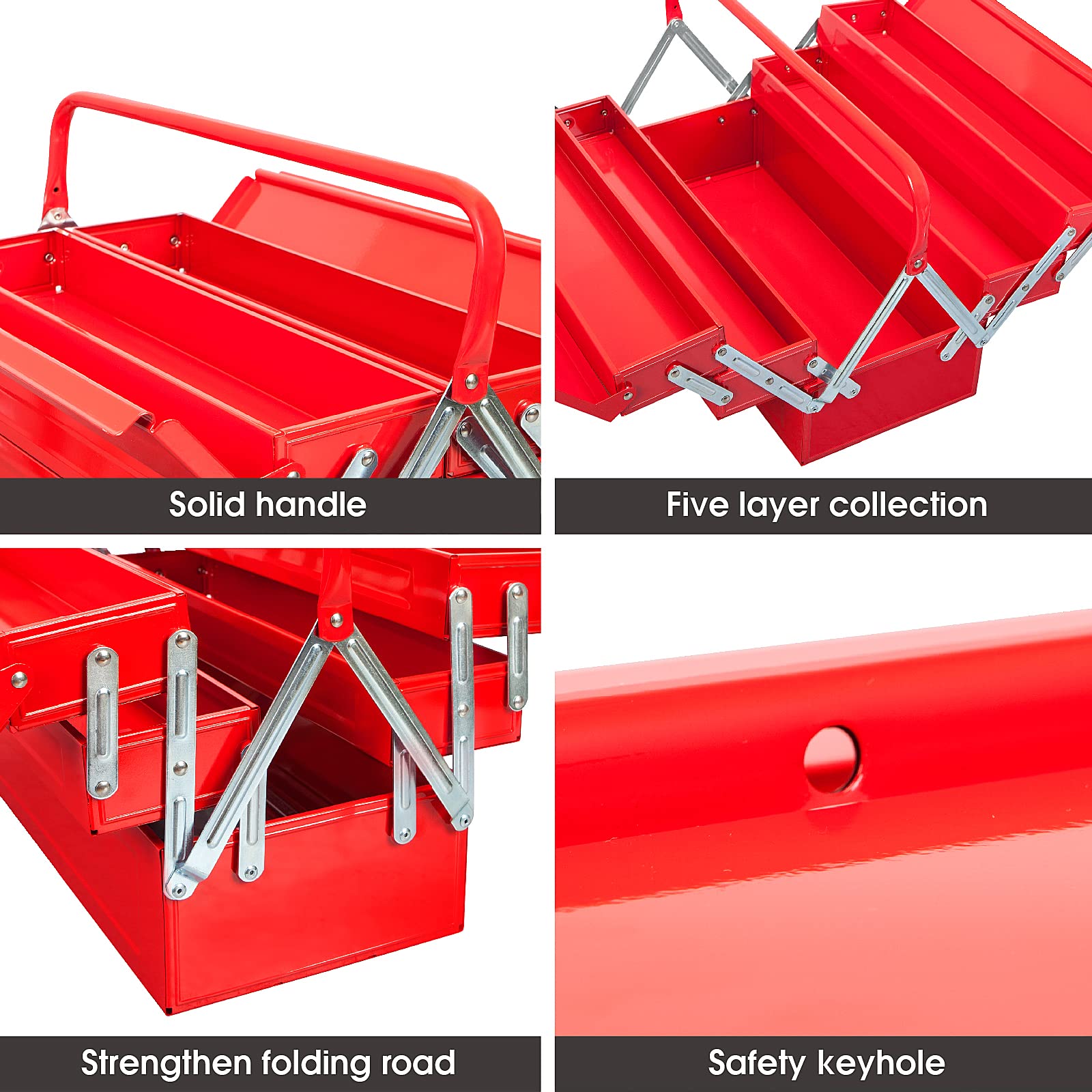 TCE 18 Inch Heavy Duty Metal Tool Box - Portable Steel Tool Storage Cabinet with 5 Cantilever Trays (ANTBC-128U, Red) - Perfect for Mechanics, DIY Projects & Workshop Organization