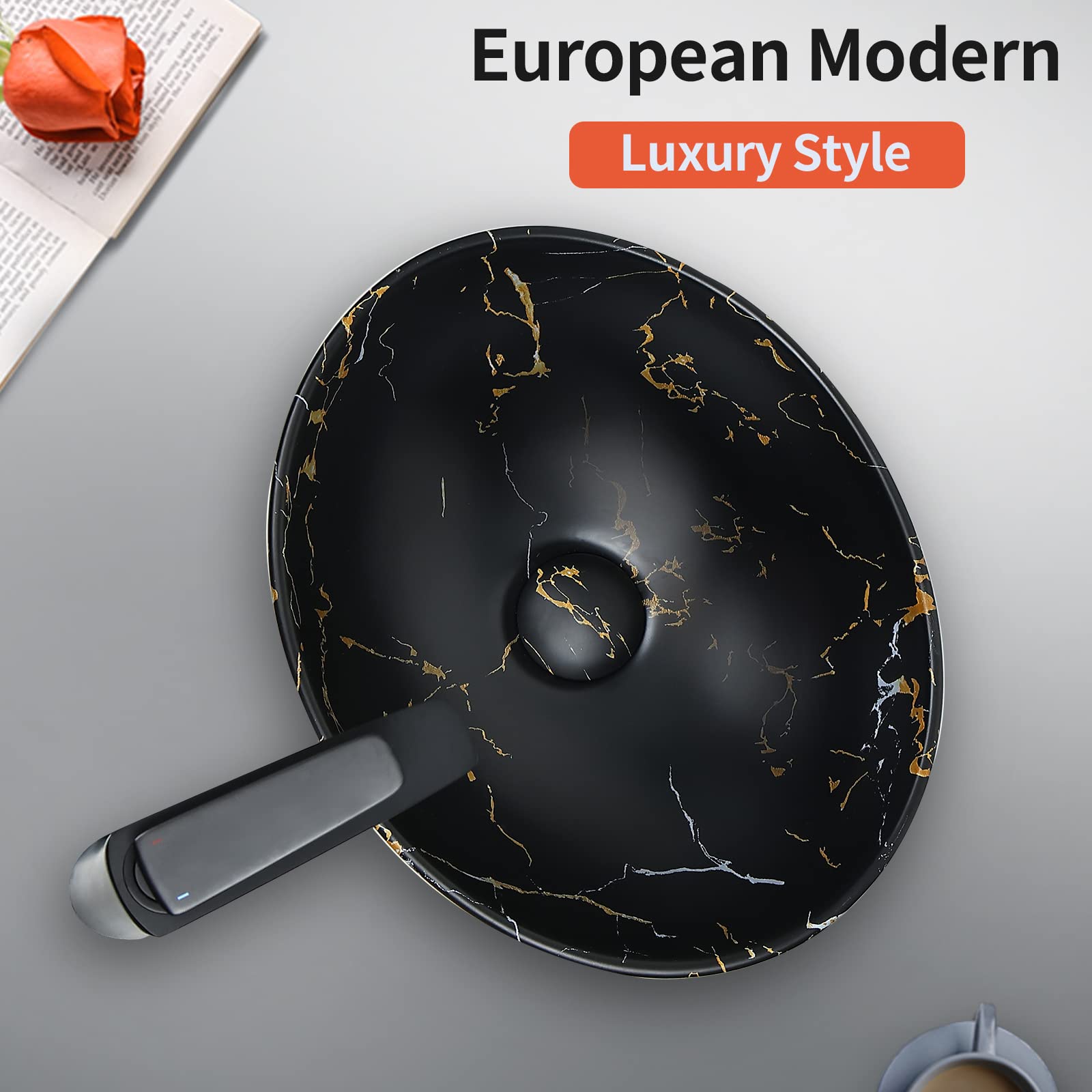 Davivy 16'' Matte Black Oval Vessel Sink - Ceramic Countertop Bathroom Sink for Modern Vanities