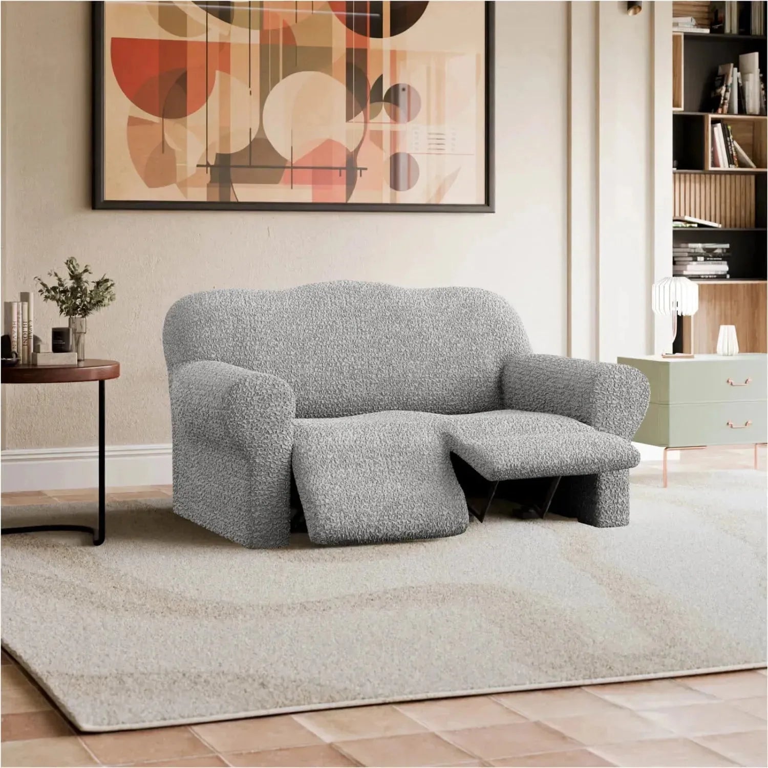 2 Seater Recliner Slipcover - Mille Righe Collection | Stretchable Sofa Cover for Living Room, Home Theater & Family Room Protection
