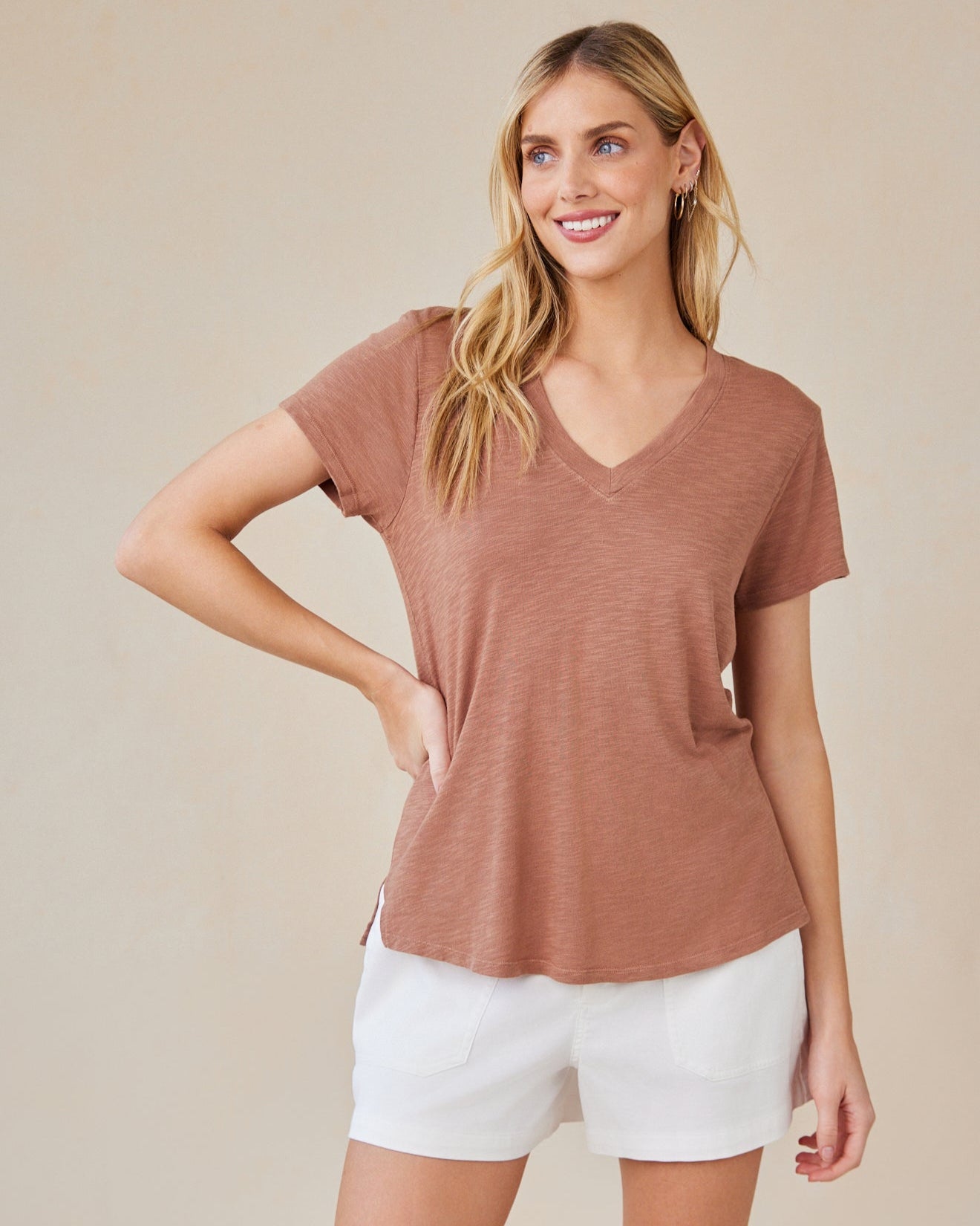 Stylish Side Slit V Neck Tee in Terracotta Brown - Perfect for Casual Outings & Summer Fashion