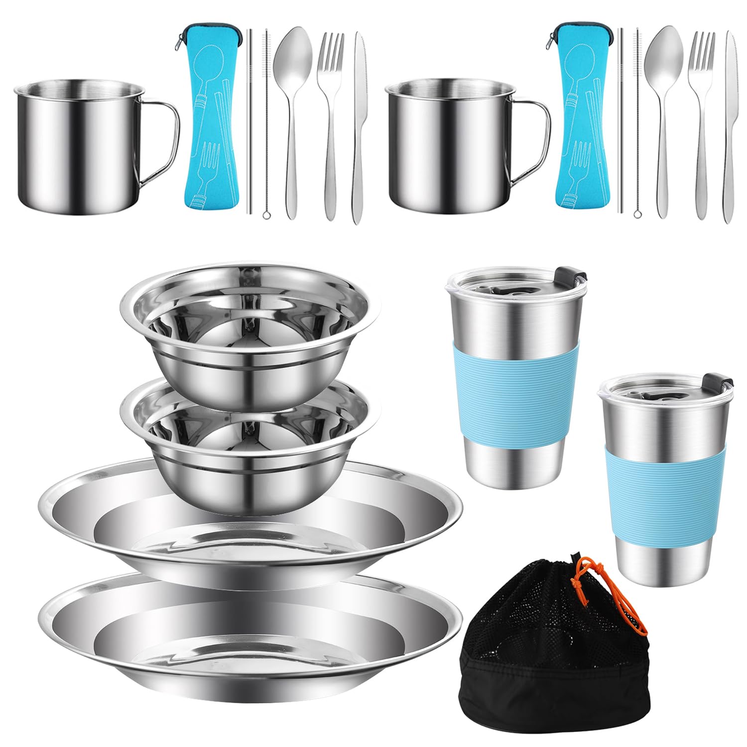 Stainless Steel Camping Mess Kit for 2 - Plate, Bowl, Cup & Utensils | Perfect for Camping, Backpacking & Hiking