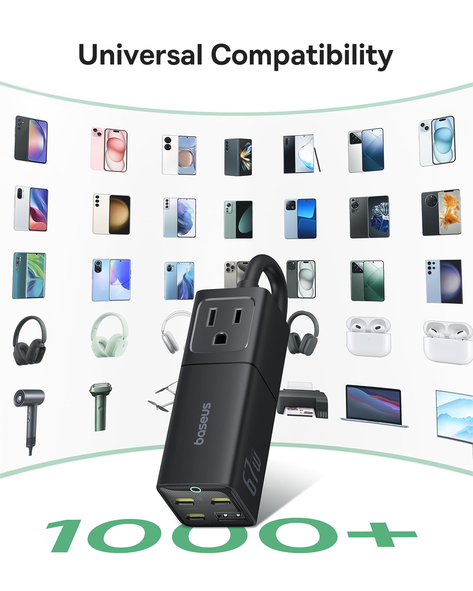 Baseus 67W 5-in-1 Detachable Travel Charging Station with USB C Fast Charger & 2 AC Outlets - 5ft Flat Extension Cord for MacBook Pro, iPhone, iPad, Samsung - Perfect for Cruise Travel, Office & Home Use