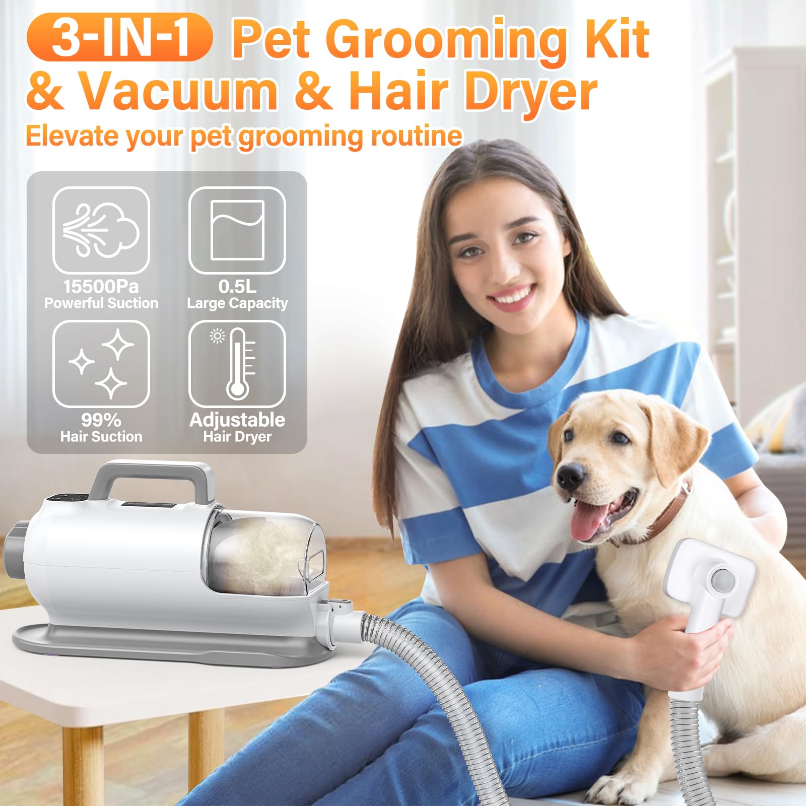 3 in 1 Dog Grooming Kit - Vacuum & Dryer for Pet Hair Removal at Home