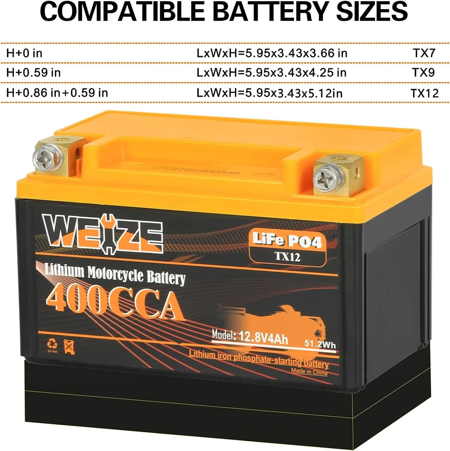 WEIZE 12V 4AH 400CCA LiFePO4 Lithium Motorcycle Battery - Lightweight & Long-Lasting Power for Harley, Honda, Yamaha & More - Perfect for Cruisers, Sport Bikes & Off-Road Adventures