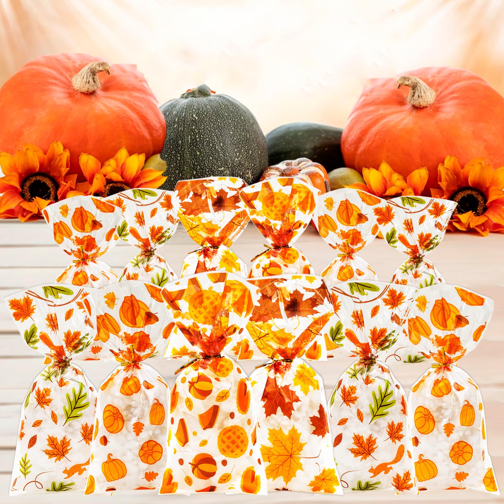 WATCPNO 120 Pack Autumn Thanksgiving Cellophane Treat Bags - Fall Party Favor Supplies, Candy Goodie Bags for Halloween, Thanksgiving Celebrations & Holiday Decorations | Perfect for Classroom Treats, Office Parties & Family Gatherings