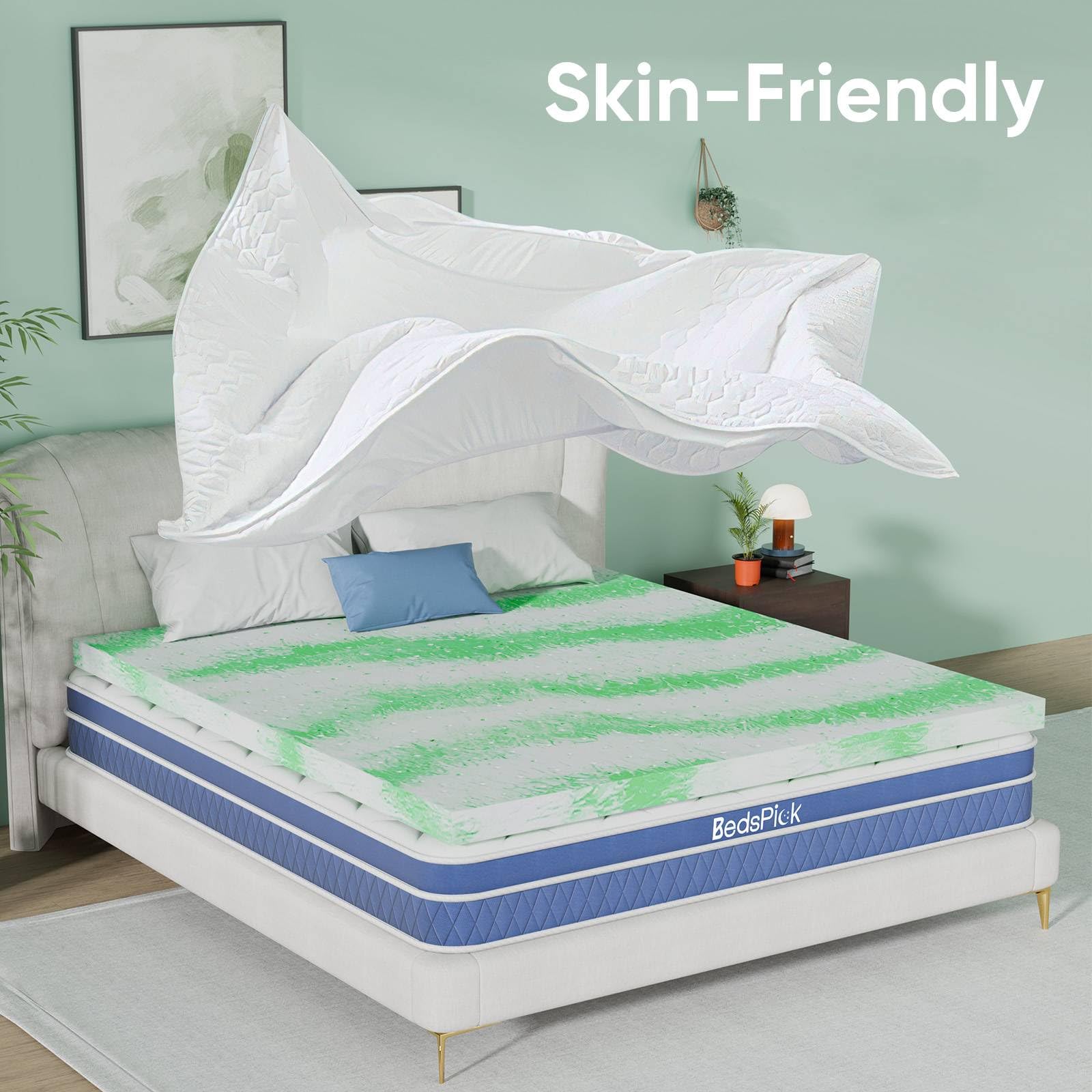 BedsPick 2 Inch Green Tea Memory Foam Mattress Topper Twin Size - Gel Infused Cooling Bed Topper for Twin Beds, Sleeper Sofas, RVs & Campers - CertiPUR-US Certified for Comfort & Support - Perfect for Hot Sleepers & Pressure Relief