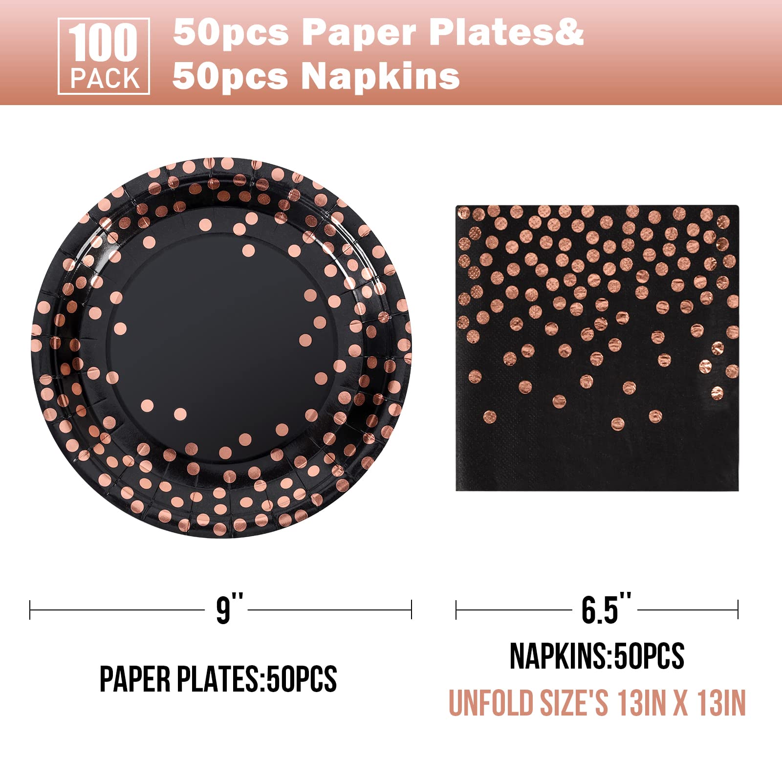 Premium Black & Rose Gold Paper Plates 100 Pack - 50 x 9 Inch Dinner Plates & 50 x 6.5 Inch Napkins - Elegant Disposable Party Tableware for Birthday, Wedding, Baby Shower & Special Events