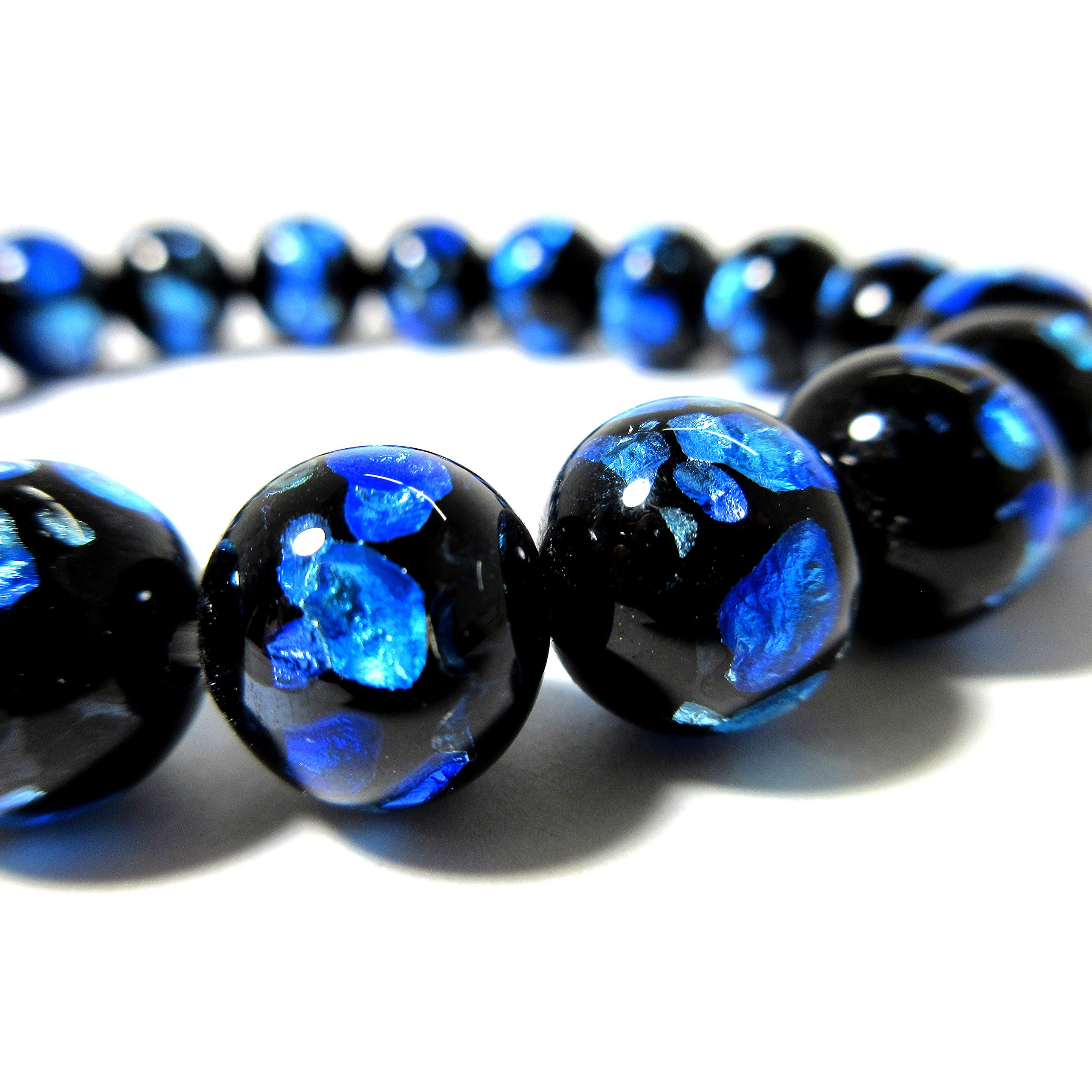 Black Onyx & Pink Blue Ryukyu Fluorite Glass Stretch Bracelet - Japanese Juzu Buddhist Prayer Beads - Spiritual Healing Jewelry Gift for Women - Perfect for Meditation, Yoga & Daily Wear