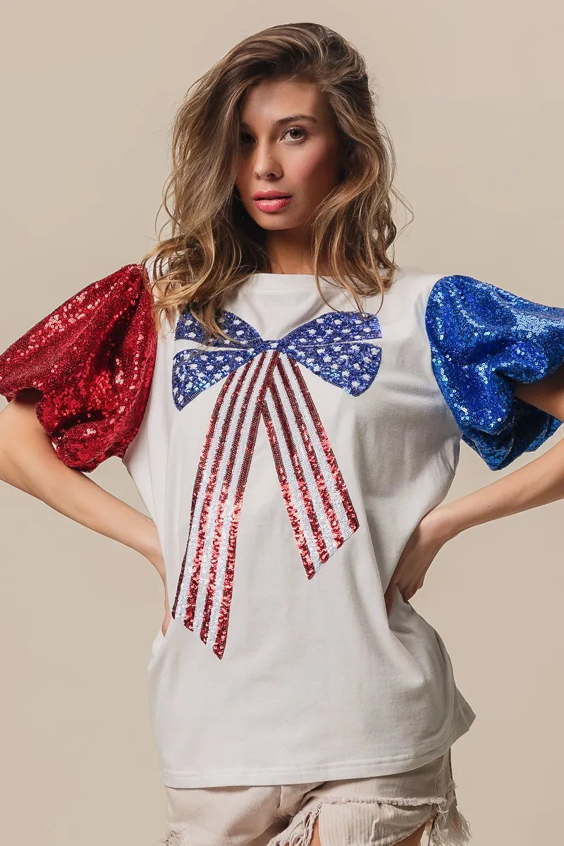 BiBi Sequin American Flag Bow Top - Patriotic Glamour for Women | Perfect for 4th of July, Independence Day & USA Themed Parties