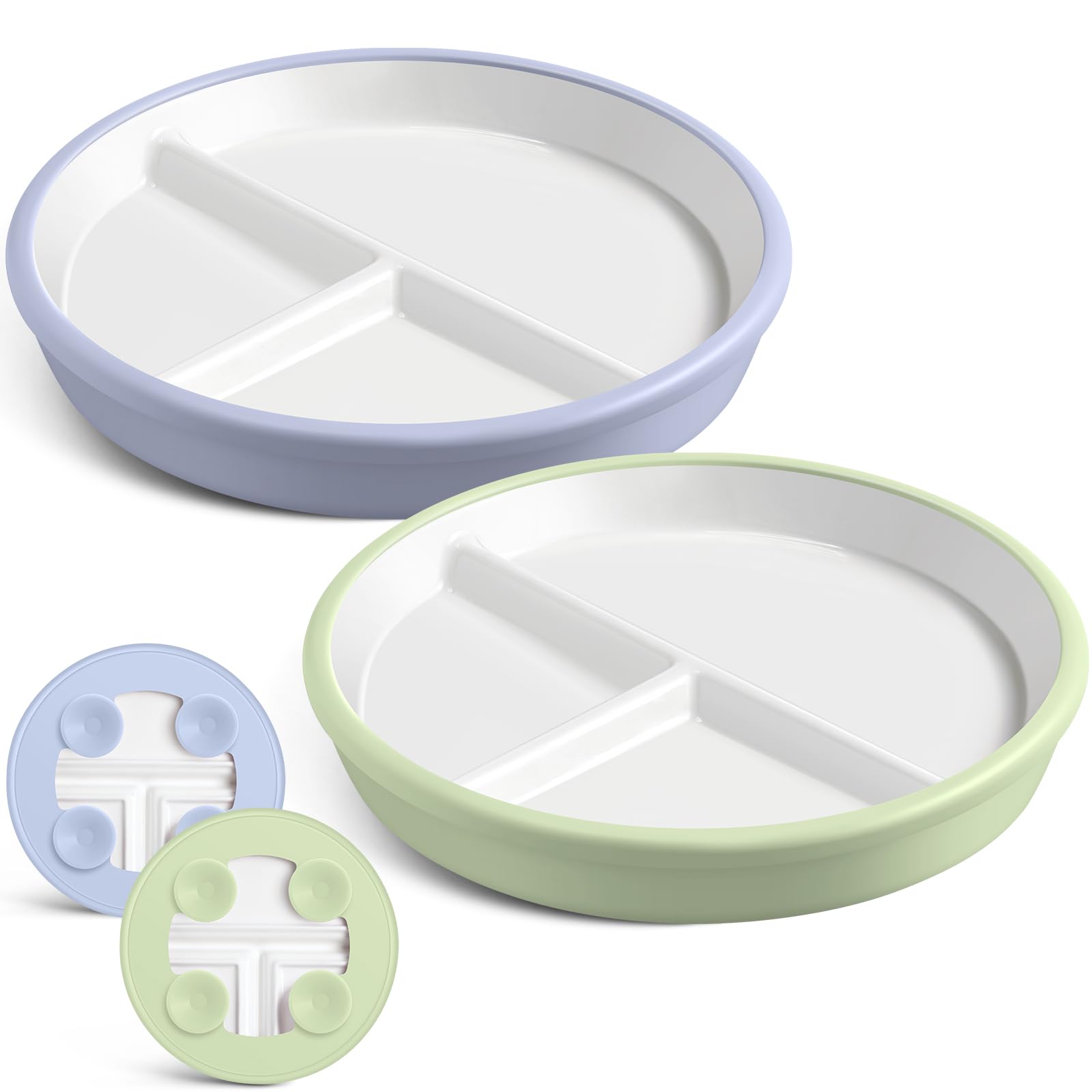 Domensi 2-Pack 8 Inch Divided Porcelain Plates for Kids with Anti-Slip Silicone Sleeve & Suction Base - Microwave & Dishwasher Safe - Blue & Green - Perfect for Toddler Meals, Snacks & Learning to Eat Independently