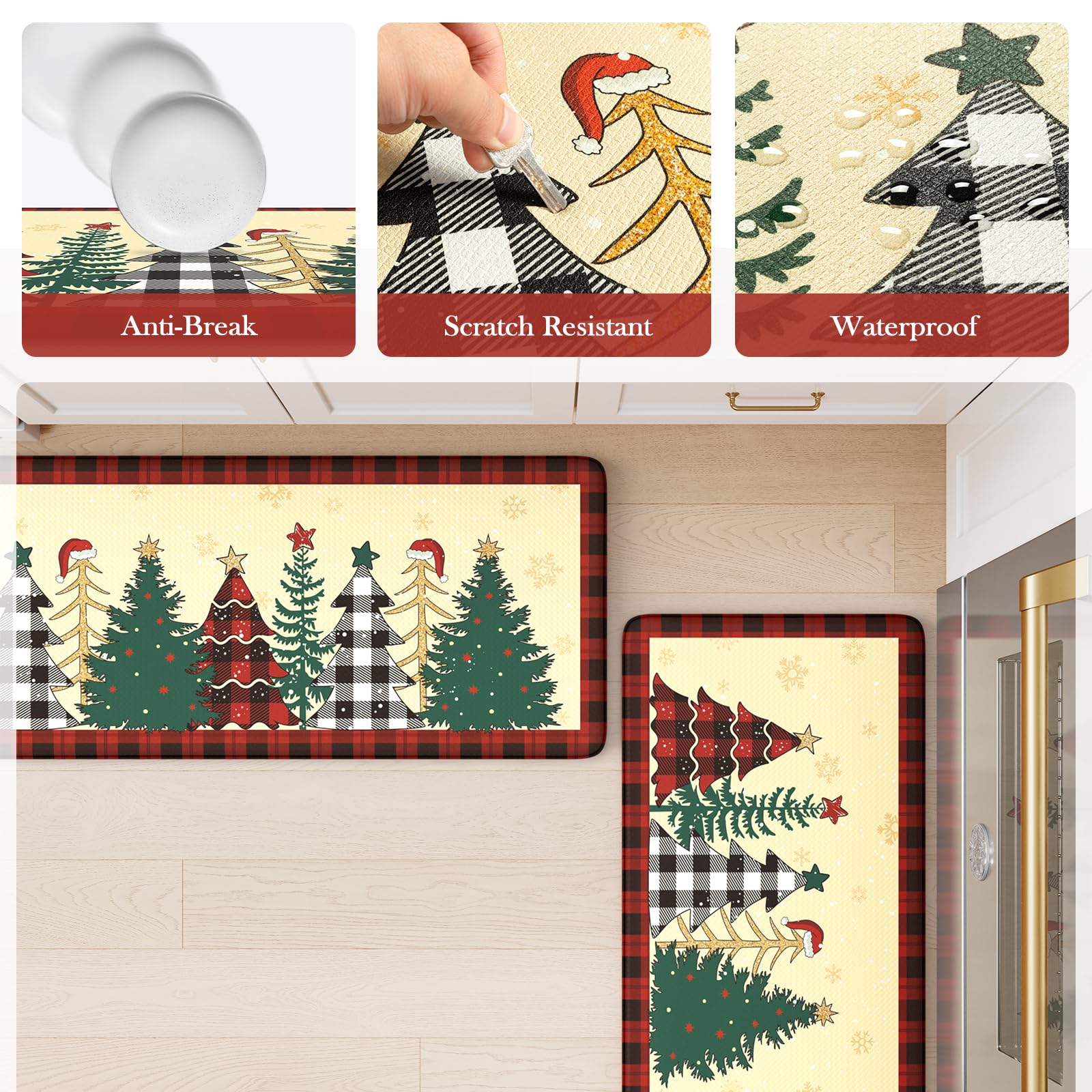 KIMODE Christmas Tree Kitchen Rugs - 2-Piece Anti-Fatigue Memory Foam Floor Mats for Kitchen, Office & Laundry - Non-Slip Standing Desk Mats (17
