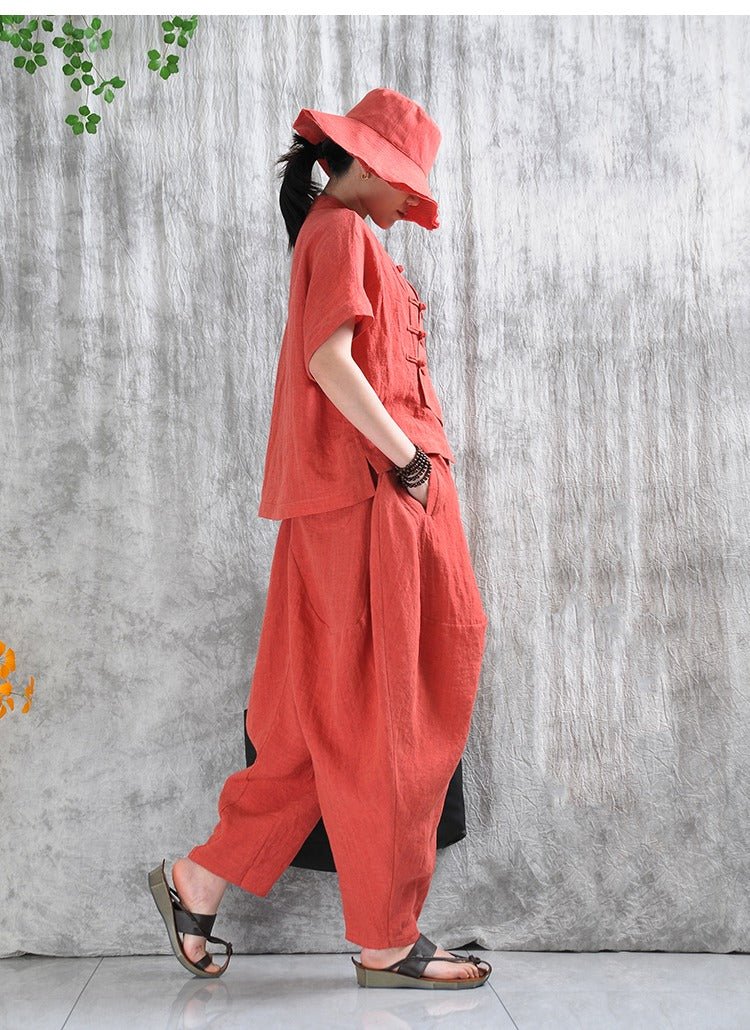 Stylish Summer Linen Button Down Shirt & Harem Pants Set for Women - Breathable Outfit for Beach Vacation, Yoga, and Casual Wear