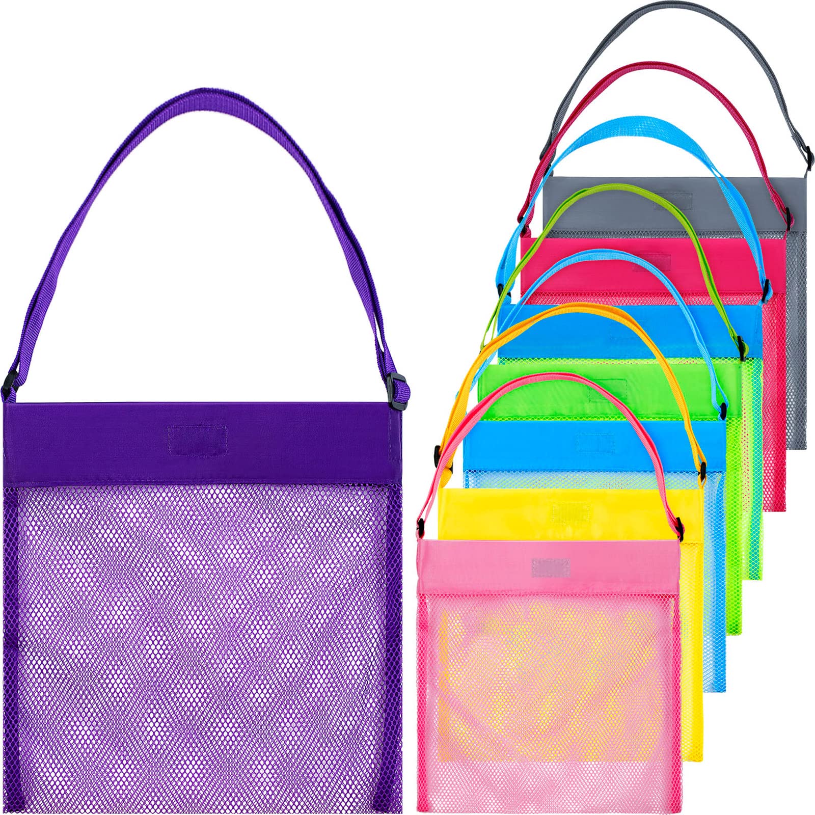 Meekoo 8-Piece Colorful Mesh Beach Bags with Seashell Design - Perfect for Treasure Hunting, Toy Storage & Beach Essentials (Mixed Colors, Medium Size) - Ideal for Summer Vacations, Pool Parties & Kids' Outdoor Adventures