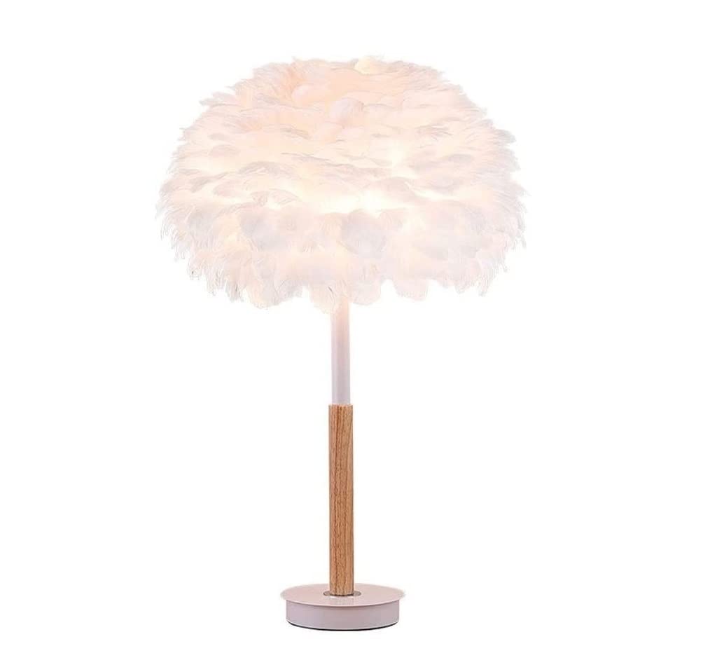 Nordic Feather Table Lamp - Wooden Wrought Iron Bedside Lamp with Push Button Switch | Creative Home Decor for Bedroom, Living Room & Office | Soft Lighting for Reading, Relaxation & Ambience