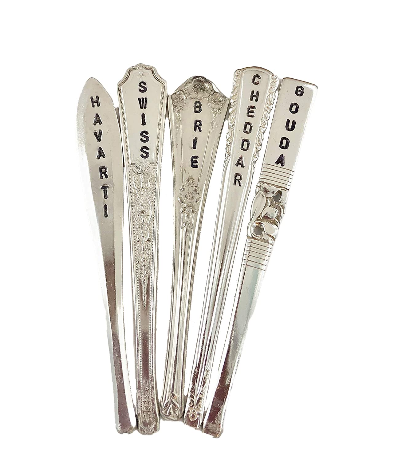 Custom Cheese Markers Set of 5 - Engraved Silver Plate Cheese Spoons with Personalized Cheese Names - Perfect for Wine & Cheese Parties, Charcuterie Boards & Gourmet Gift Giving