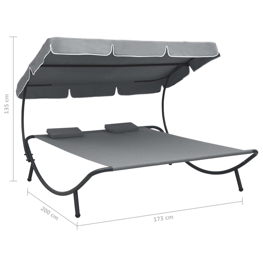 CHARMMA Patio Lounge Bed with Canopy & Pillows - Gray Outdoor Daybed (18.45KG) for Poolside, Garden, or Backyard Relaxation