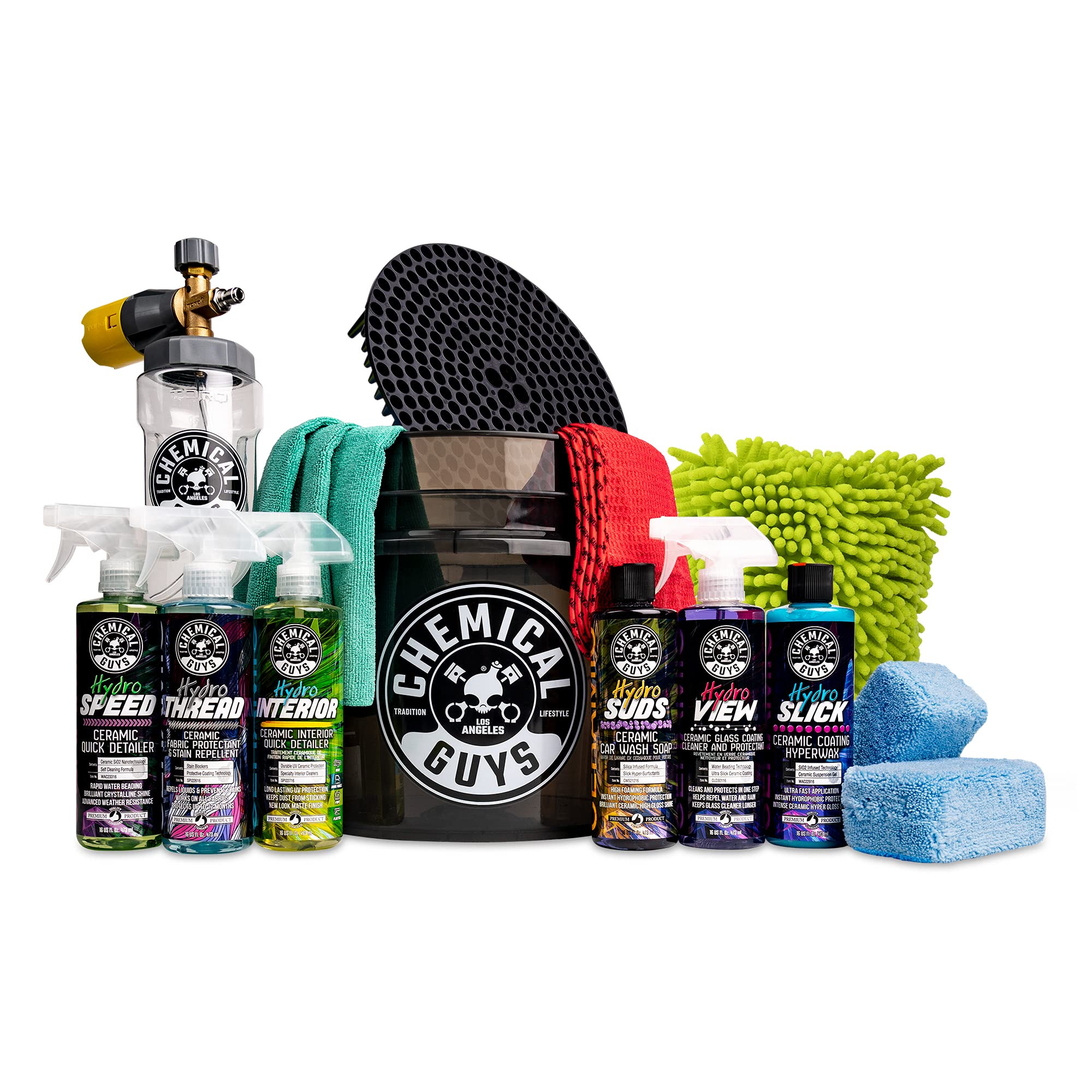 Chemical Guys HOL363 16-Piece Ceramic Car Wash & Protection Kit with Foam Cannon, Bucket & 6 Cleaning Chemicals – Pressure Washer Compatible – Perfect for Detailing, Waxing & Long-Term Paint Protection