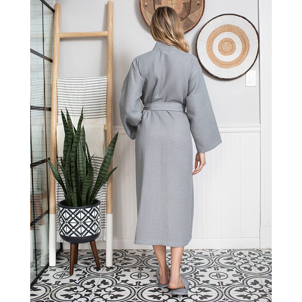 Lotus Linen Women's Lightweight Waffle Weave Robe - Soft Long Cotton Bathrobe with Kimono Style - Perfect for Spa, Lounge & Home Relaxation