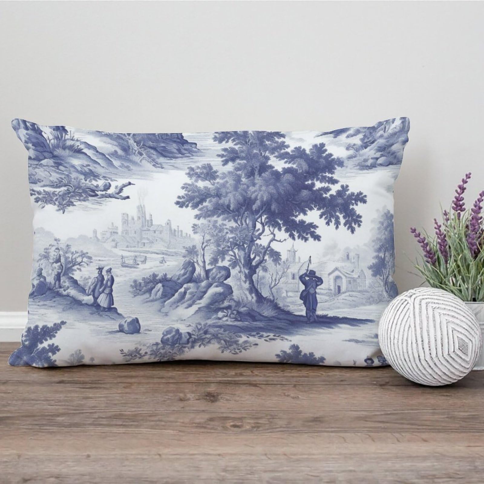 SILYHEART Decorative Toile Print Lumbar Pillow Cover - Navy White Blue French Charmed Life Design, Modern Square Cushion Cover 20x30 Inches for Sofa, Couch, Bedroom & Living Room Decor