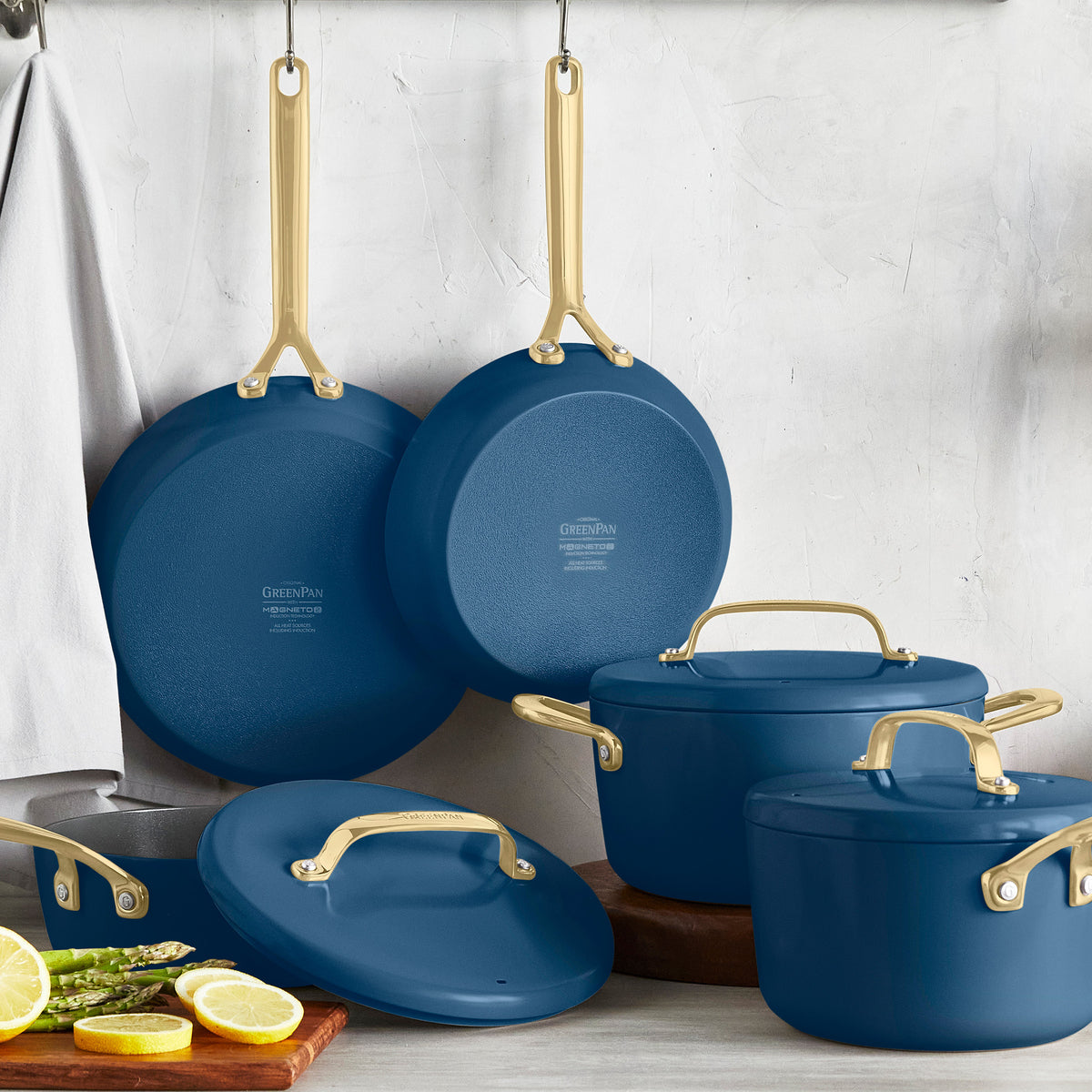 Premium GP5 Colors Ceramic Nonstick 11-Piece Cookware Set with Champagne Gold Handles | Marine Blue | Oven & Dishwasher Safe for Everyday Cooking & Entertaining