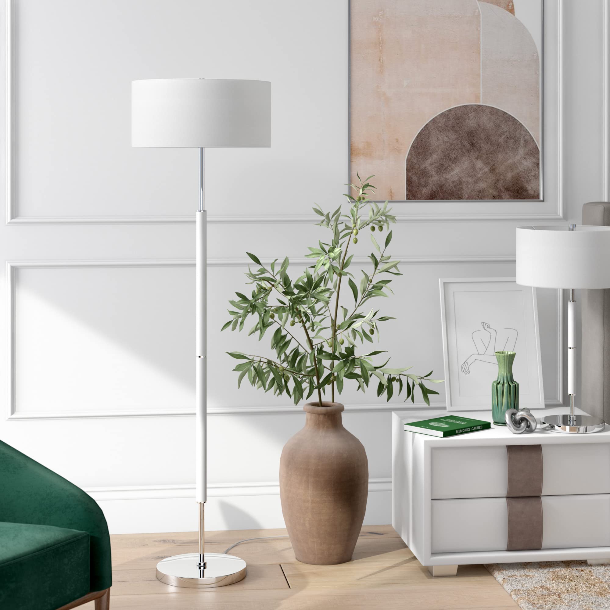 Henn&Hart 2-Light Modern Floor Lamp with Fabric Shade - Matte White/Polished Nickel Finish for Home Office, Bedroom & Living Room | Adjustable Reading Light & Ambient Lighting Solution