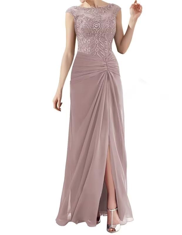 Elegant Lace Applique Mother of the Bride Dress - Long Chiffon Gown with Side Slit for Wedding Guest, Mother of the Groom & Special Occasions | Perfect for Formal Events, Church Ceremonies & Evening Receptions