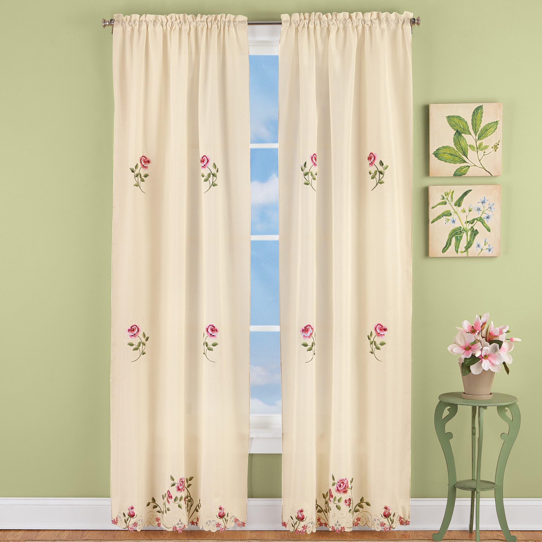 Elegant Pink Rose Floral Embroidered Curtains Drapes - Ivory & Rose 84