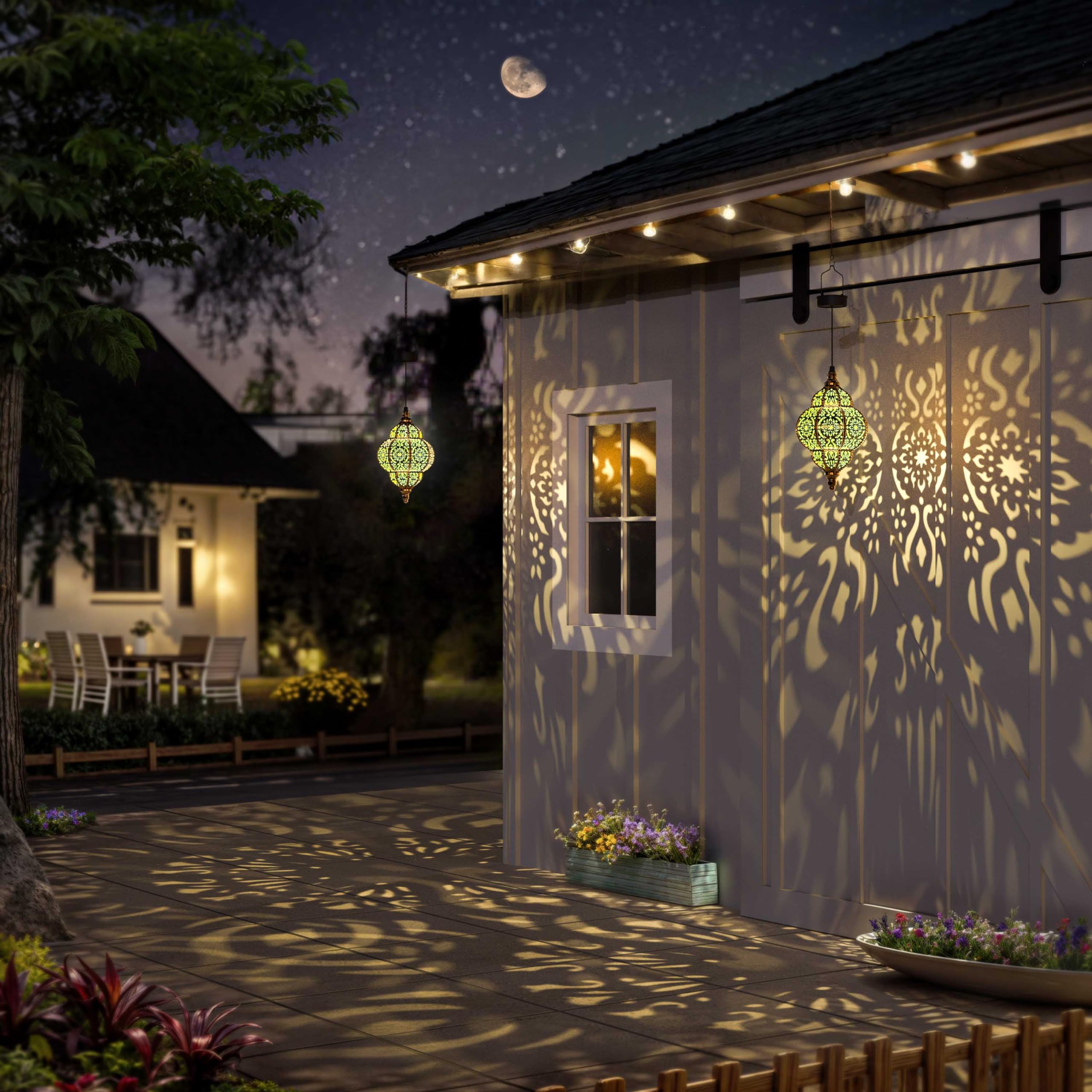 Hapjoy 2 Pack Bronze Hanging Solar Lights Outdoor - Waterproof Moroccan Solar Lanterns for Garden, Patio, Pathway, Yard & Backyard Decor - Weather-Resistant Plastic Decorative Lighting for Evening Ambience