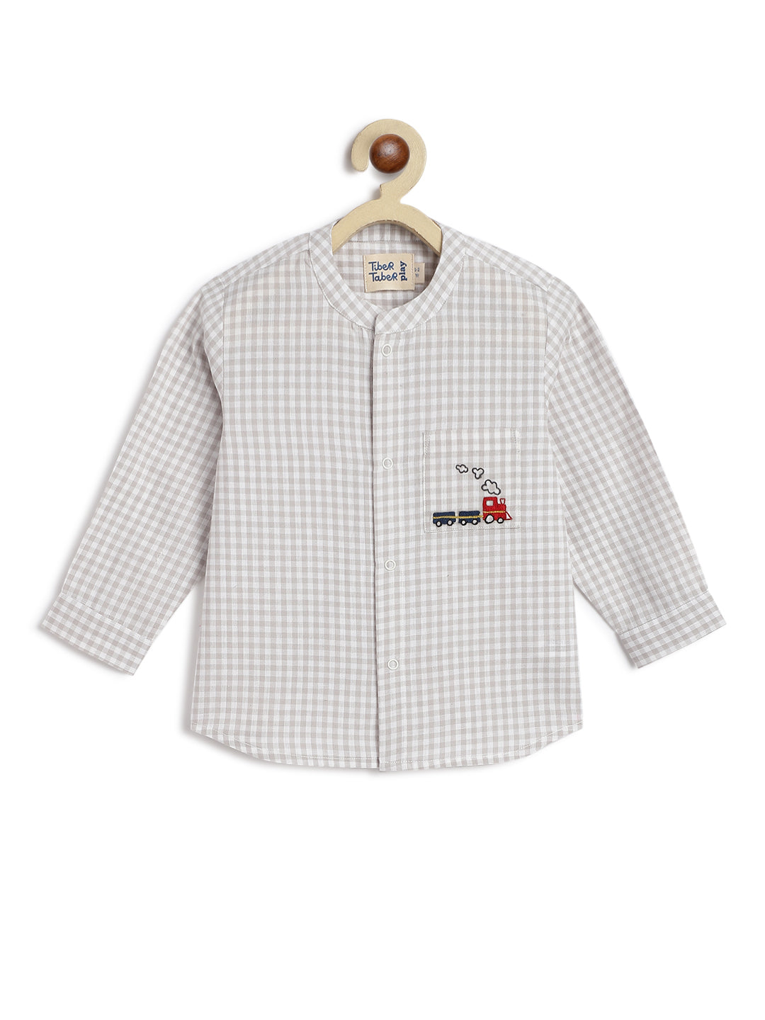 Pre Order: Baby Boy Train Embroidery Checkered Shirt & Shorts Set - White - Cute Outfit for Boys' Birthday, Photo Shoots & Special Occasions