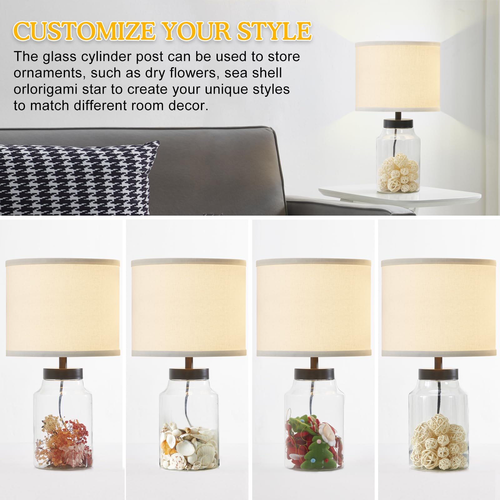 GyroVu Fillable Glass Table Lamp with White Lampshade - Modern Decorative Lighting for Living Room, Bedroom & Office - Includes Bulb - Perfect for Nightstands, Desks and Home Decor (White)